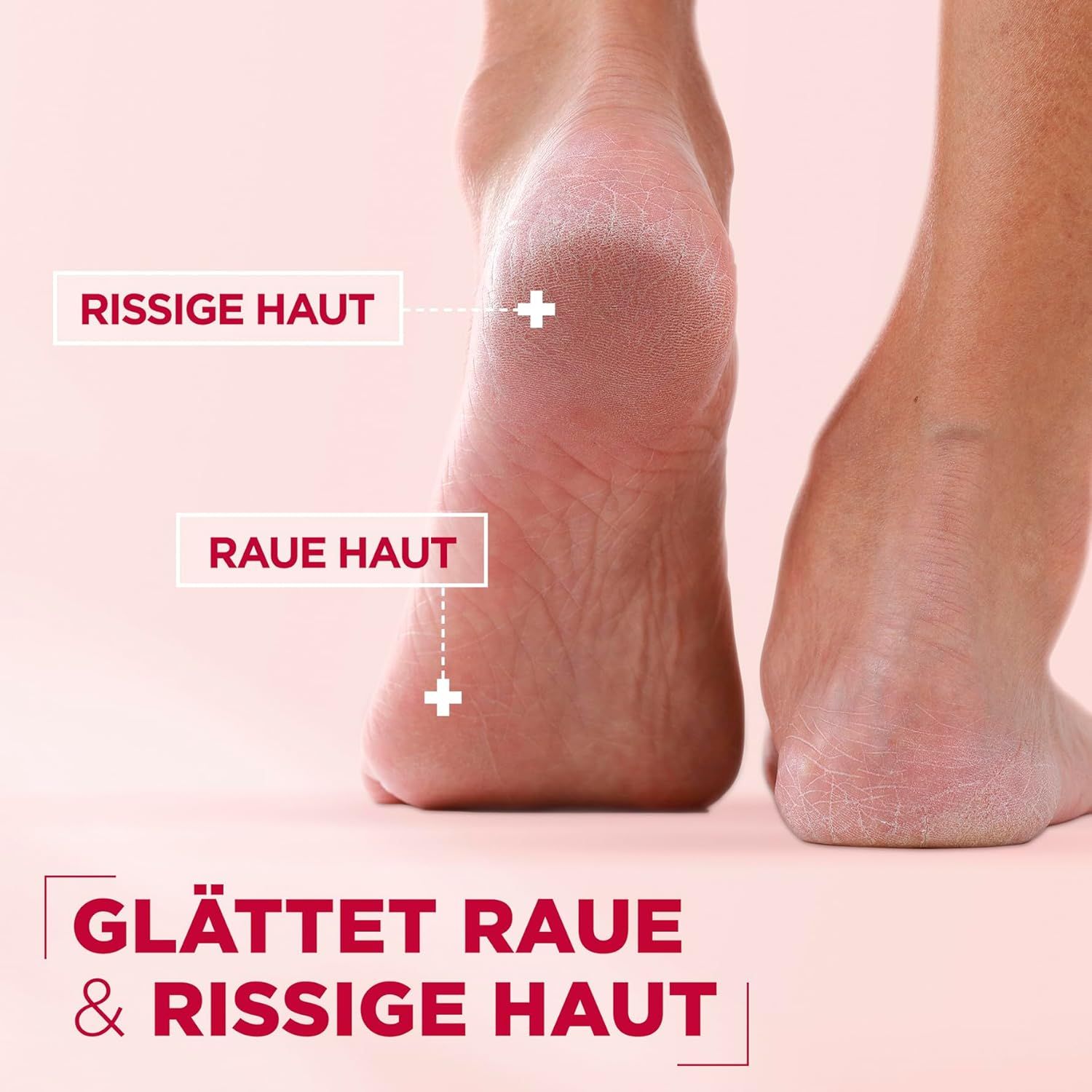 Nahaufnahme von Füßen. Text: Rissige Haut, raue Haut. Glättet raue & rissige Haut.
