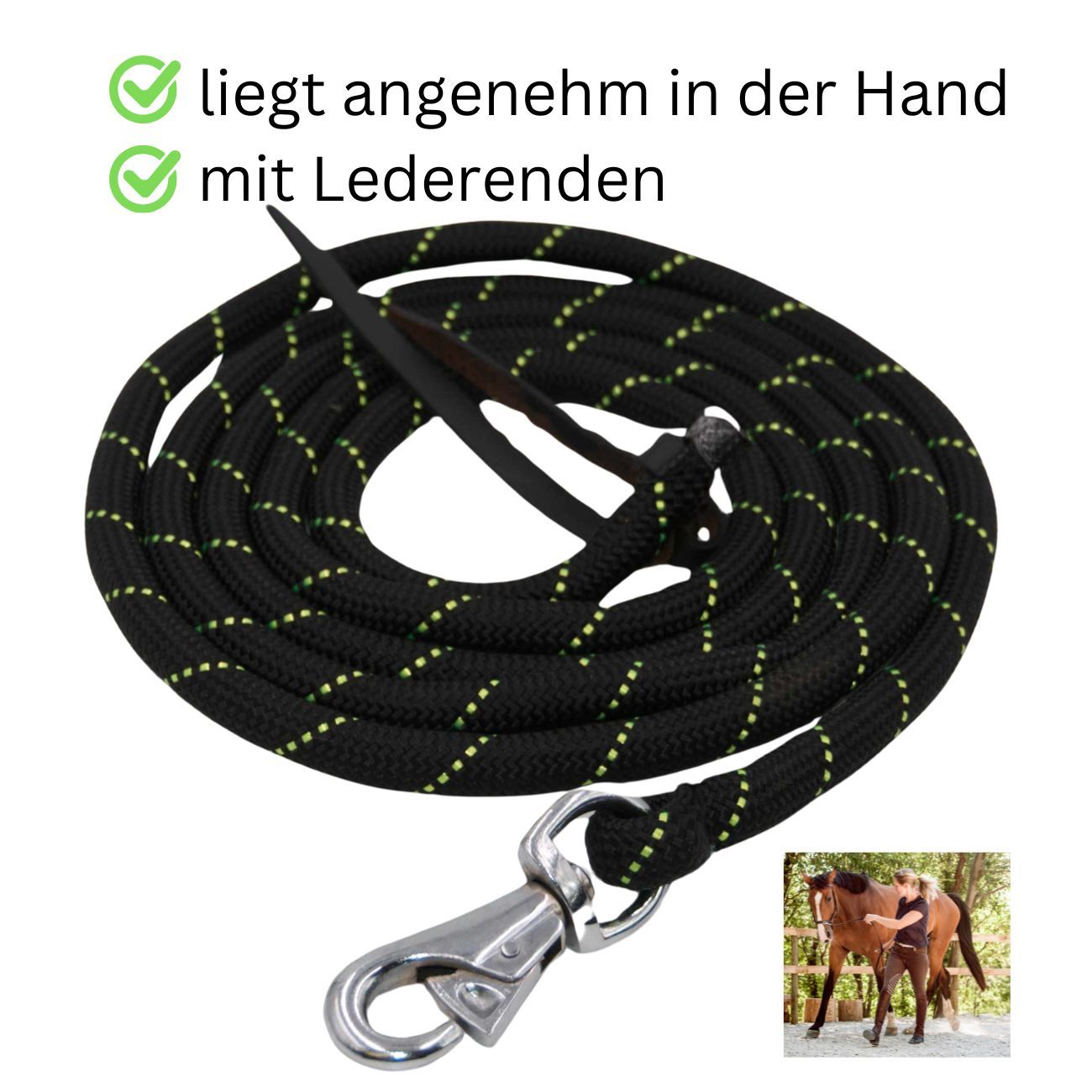 Schwarzes Führseil mit Lederenden und Bull Snap Karabiner. Liegt angenehm in der Hand.