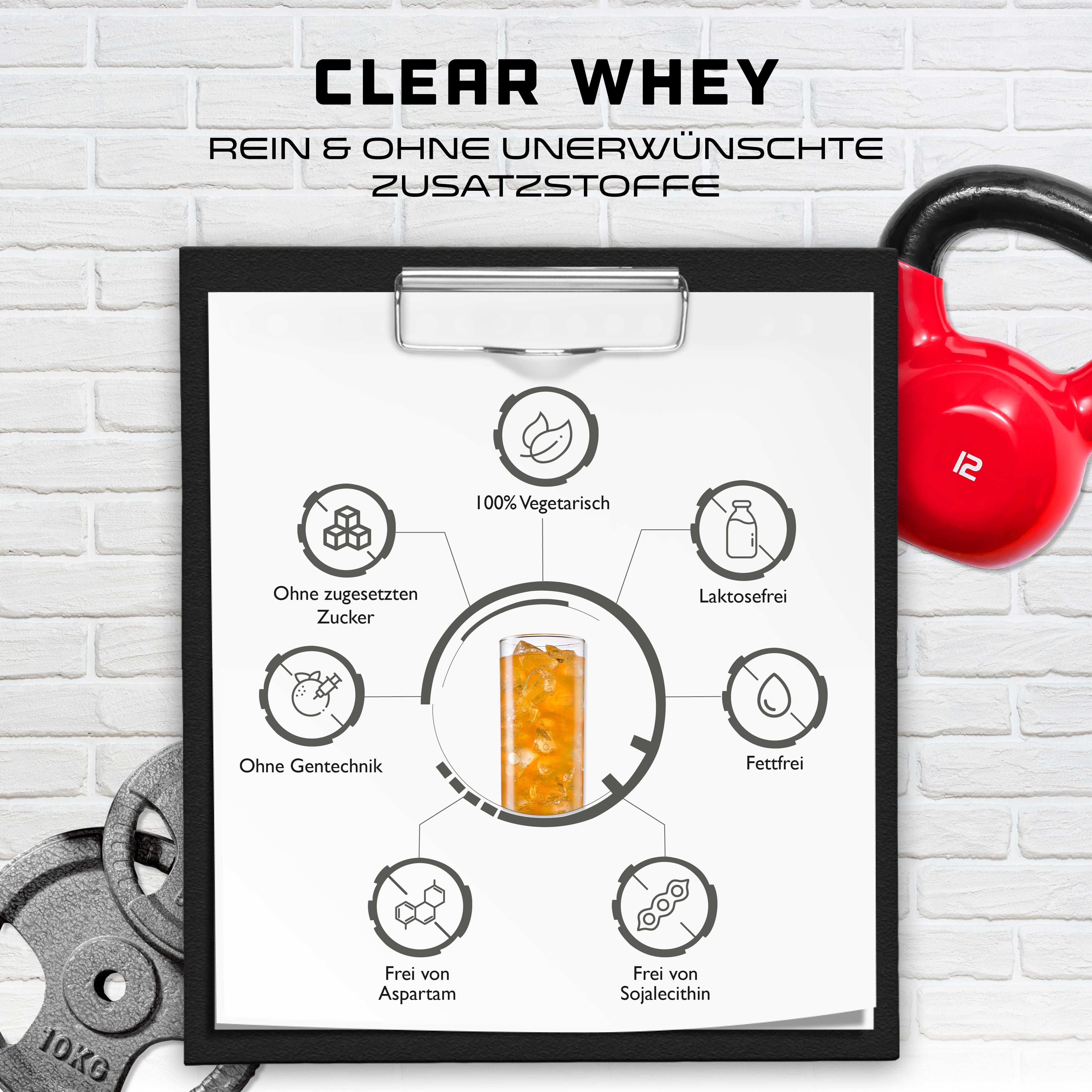 Infografik mit Informationen zu Clear Whey. Rein & ohne unerwünschte Zusatzstoffe. 100% vegetarisch, laktosefrei, fettfrei, ohne Zucker, Aspartam und Sojalecithin.