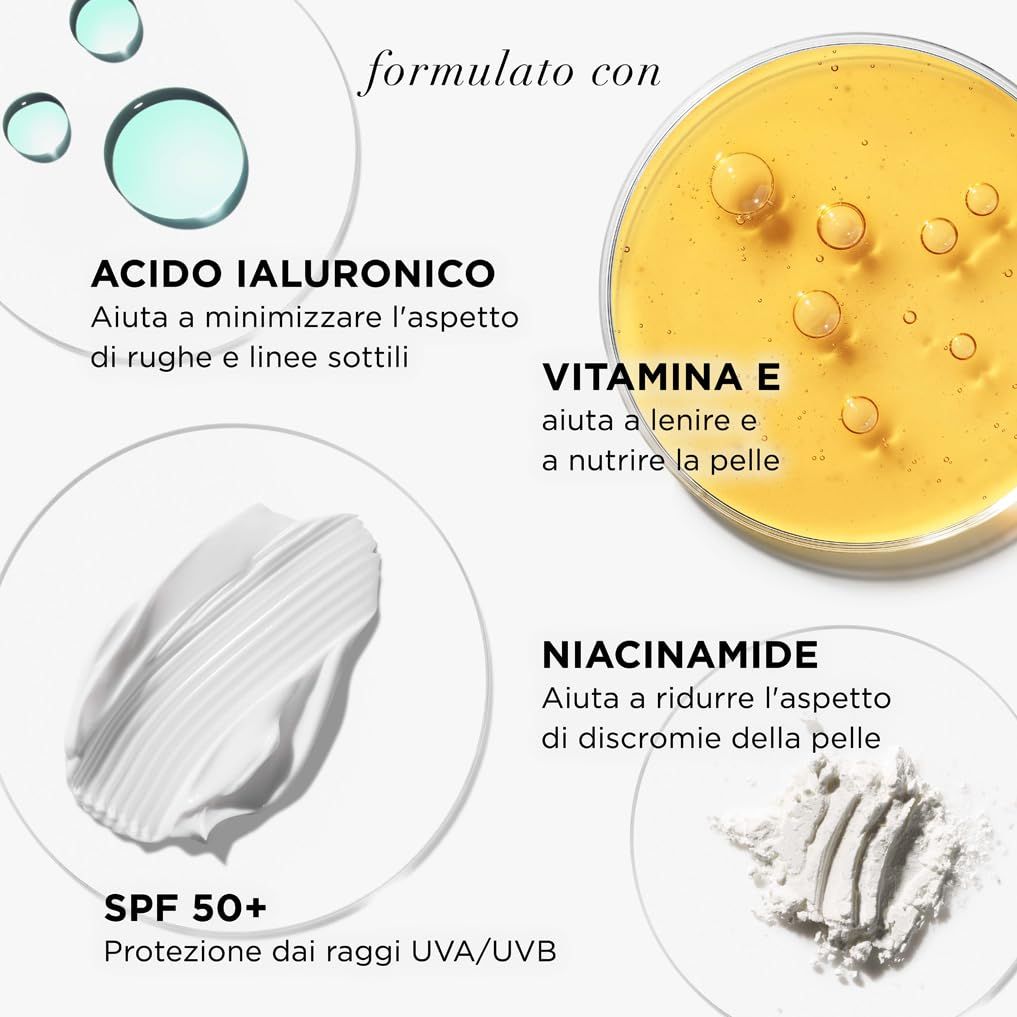 Inhaltsstoffe: Hyaluronsäure, Vitamin E, Niacinamid. SPF 50+ Schutz vor UVA/UVB-Strahlen.