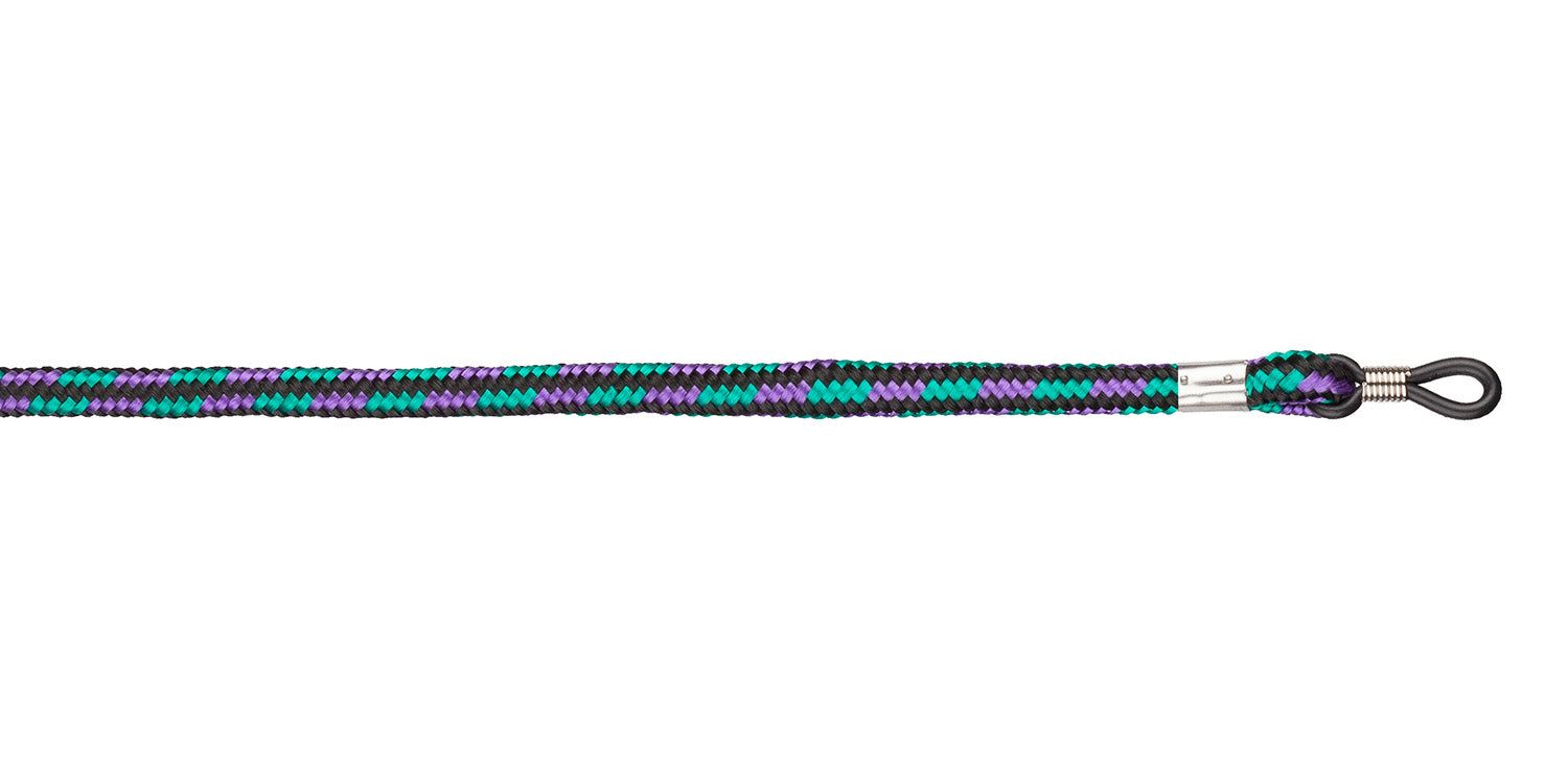 Brillenband, geflochtenes Seil, schwarz, grün und lila. Metallverbindung und Brillenbügel.