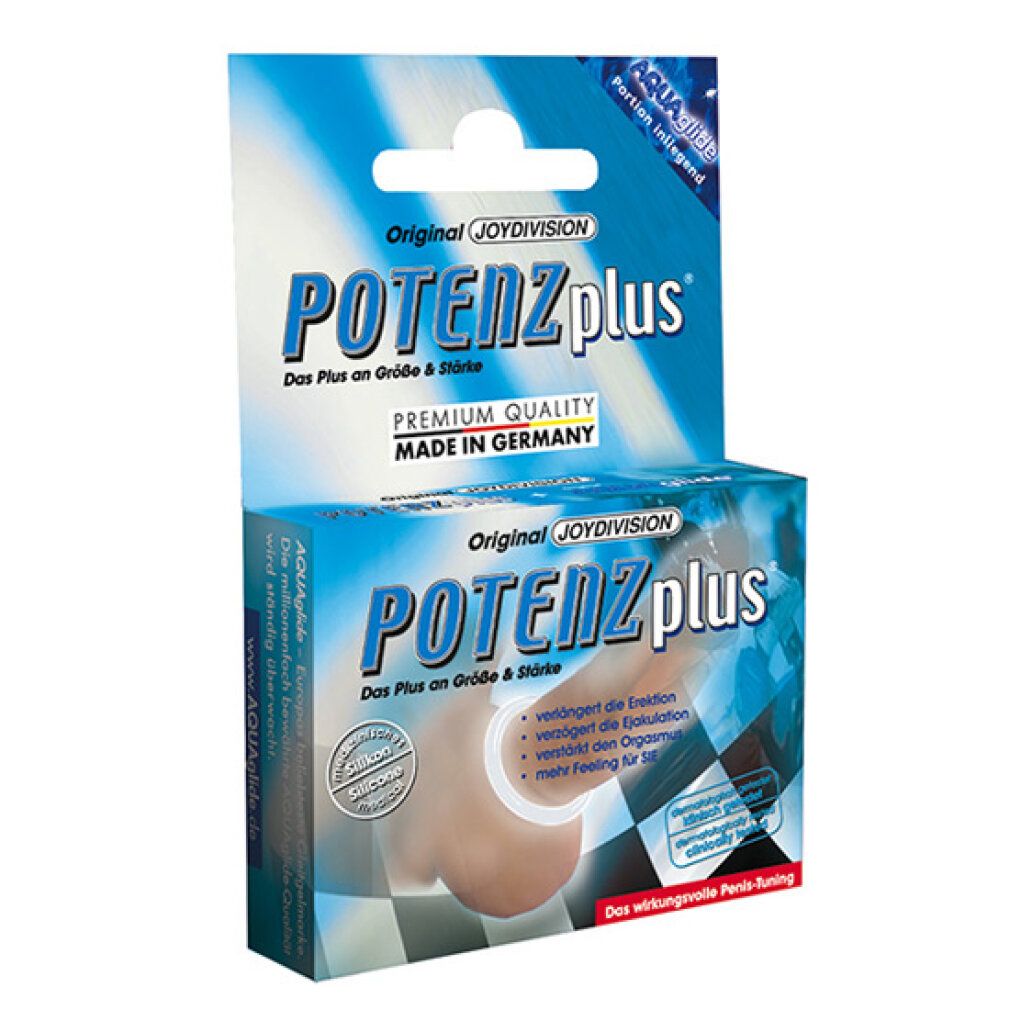 Verpackung POTENZplus. Produktname und Logo. Text: Premium Qualität, Made in Germany. Abbildung eines Penis.