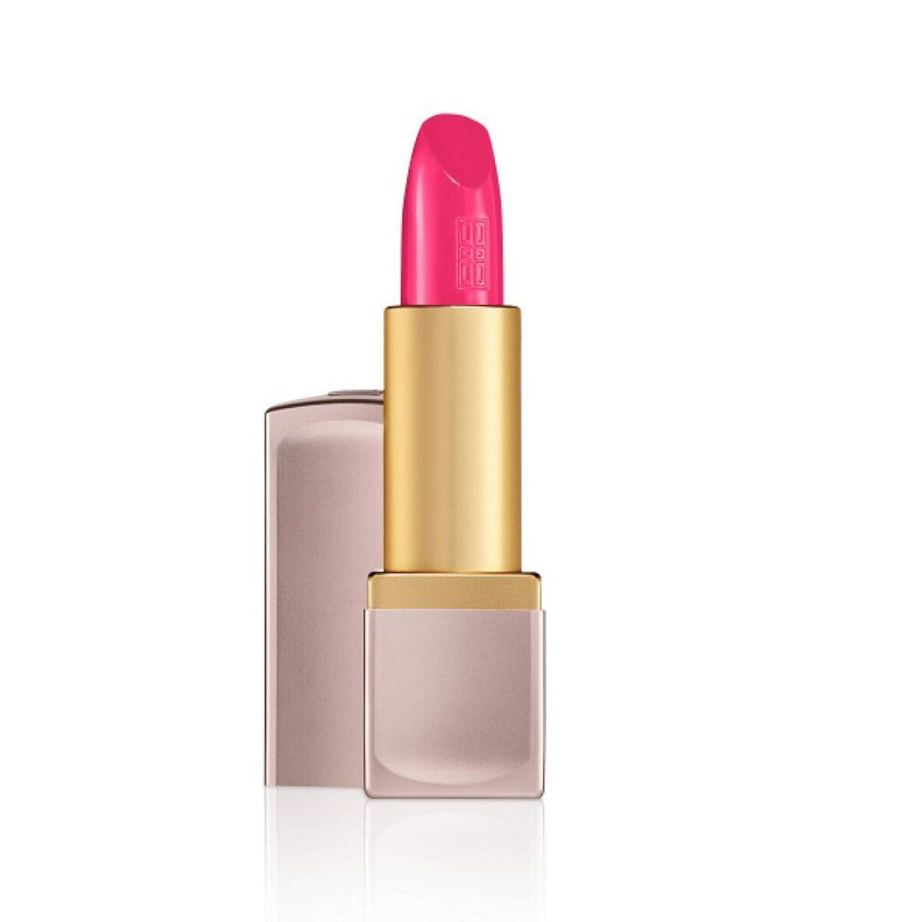 Geöffneter Lippenstift, rosafarbene Hülle. Der Lippenstift ist pink. Goldfarbener Schaft. Quadratische Form.
