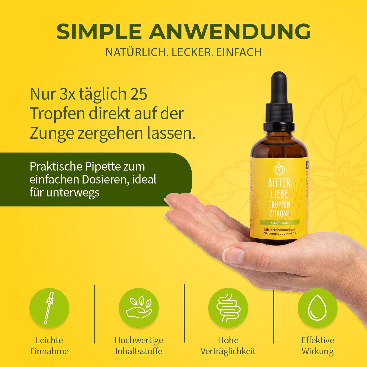 BitterLiebe - Tropfen Zitrone Alkoholfrei - Bitterstoffe Tropfen mit Zink - vegan