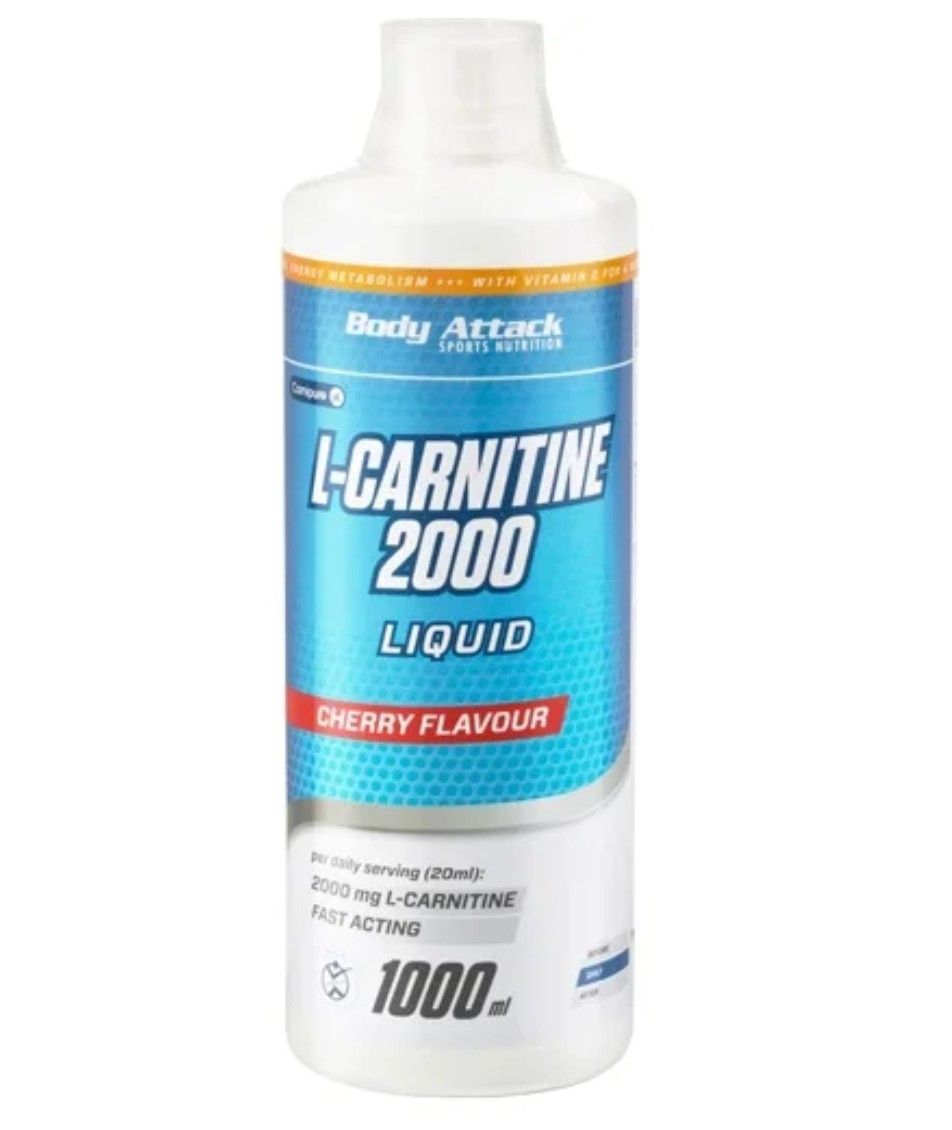 Weiße Flasche mit blauem Etikett. Aufschrift: L-Carnitine 2000 Liquid, Cherry Flavour. 1000 ml.