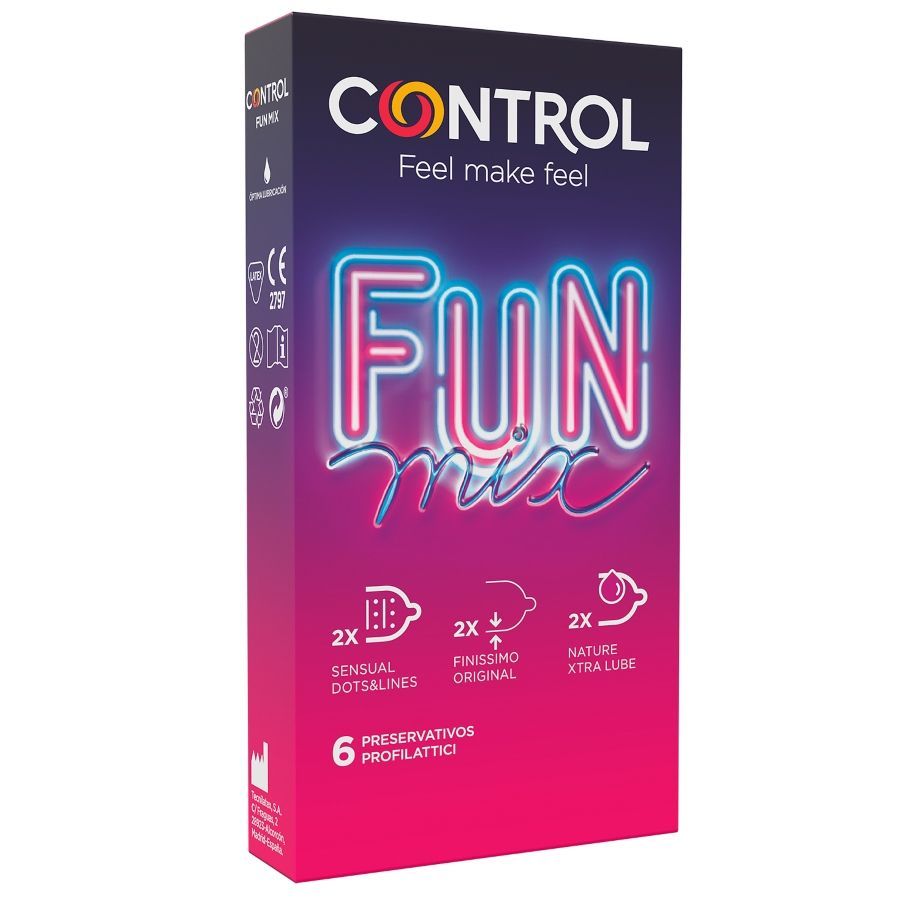Verpackung von Control Fun Mix Kondomen. Enthält 6 Kondome mit verschiedenen Eigenschaften. Neonfarbenes Design mit Produktnamen.