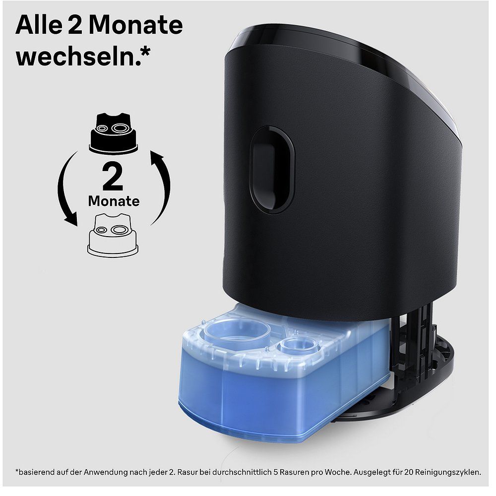 Braun Reinigungsstation mit Nachfüllkartusche, Wechselanzeige alle 2 Monate.
