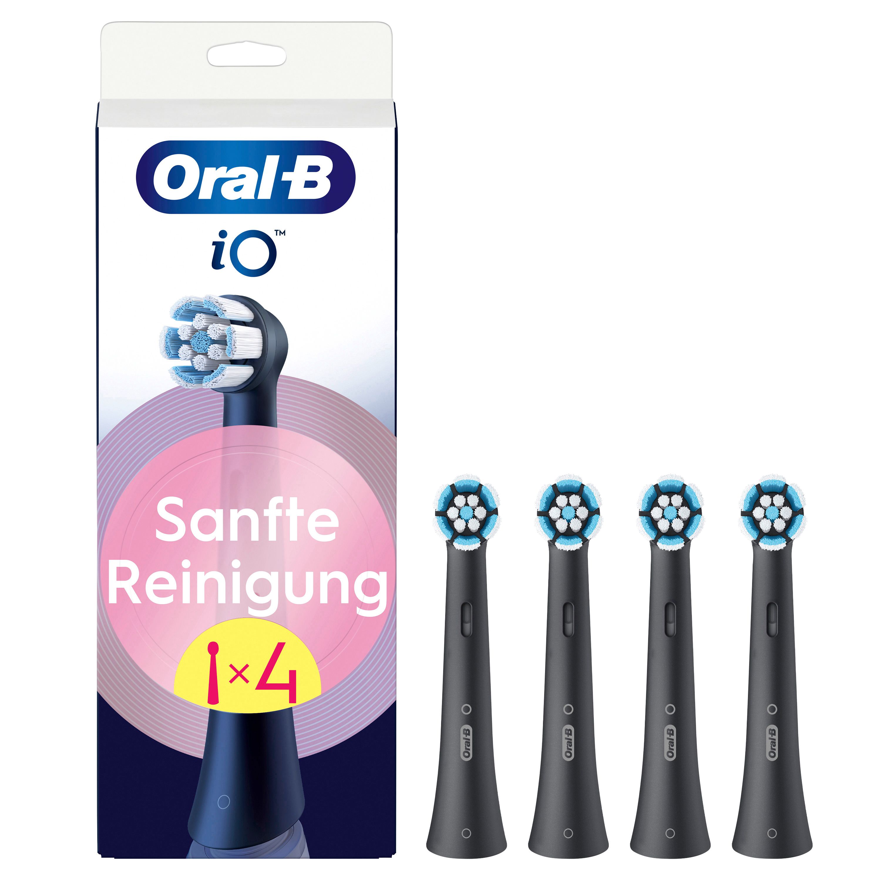 Verpackung mit vier Aufsteckbürsten. Text: Oral-B iO Sanfte Reinigung 1x4.