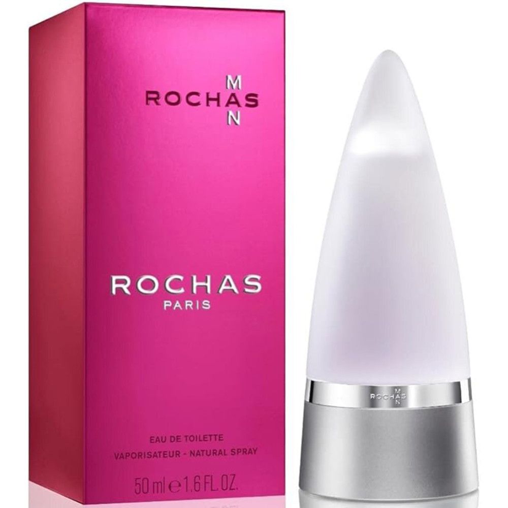 Rochas Man Eau de Toilette. Flakon und Verpackung. Kegelförmiger Flakon, mattiertes Glas. Rosa Verpackung mit Logo.