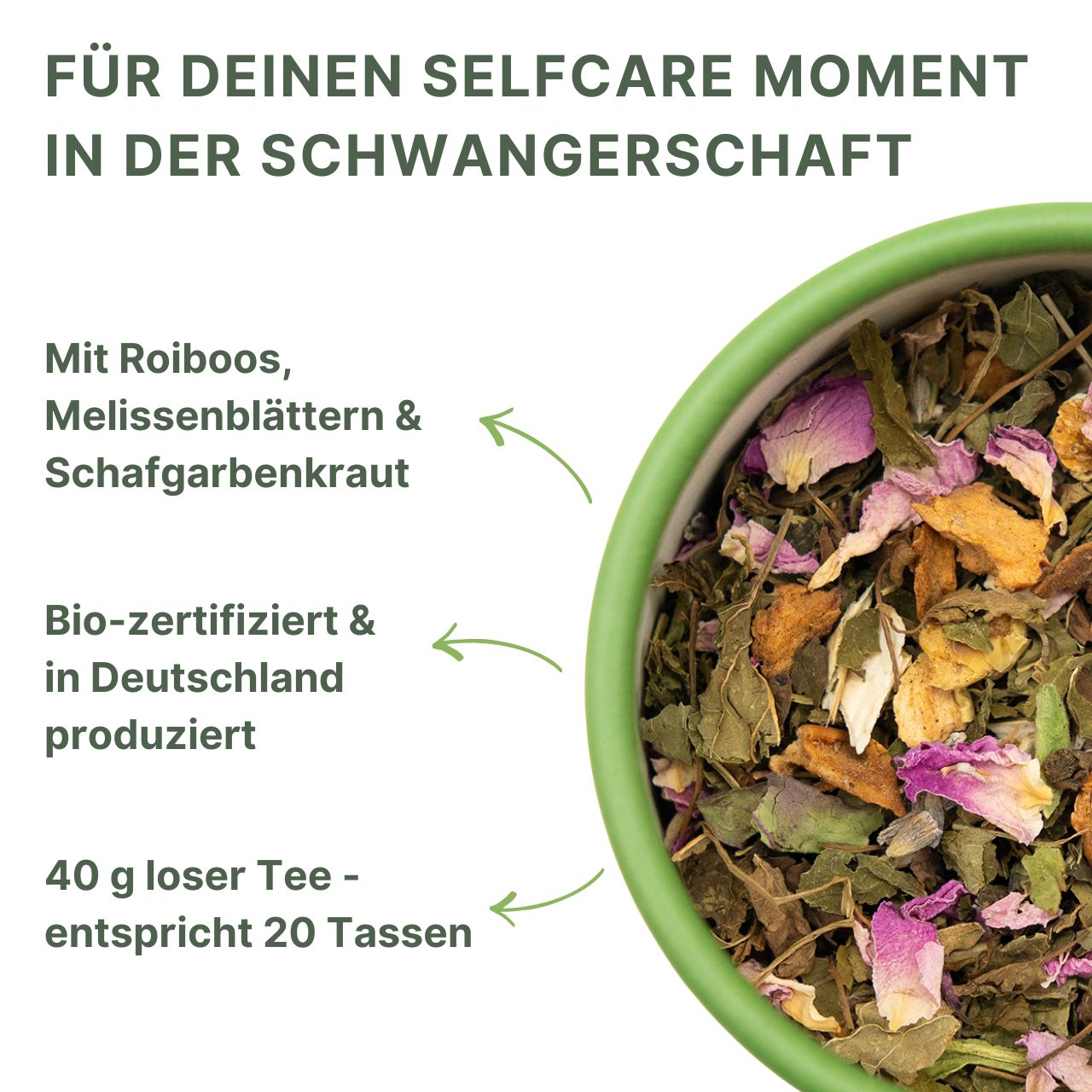 Kräutermischung in grüner Schale. Zutaten: Rooibos, Melissenblätter, Schafgarbenkraut. Bio-zertifiziert. 40g loser Tee, 20 Tassen.