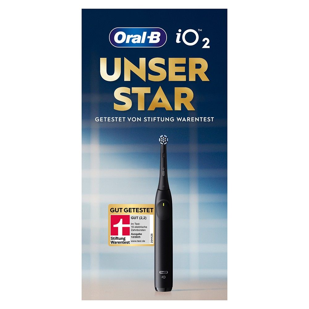 Verpackung der Oral-B iO Series 2 Zahnbürste mit Siegel 'Gut Getestet' von Stiftung Warentest.