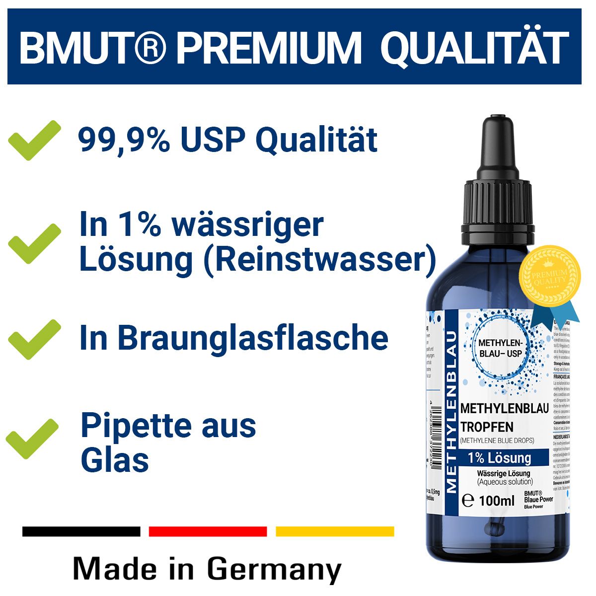 Produkt mit Qualitätsmerkmalen: 99,9% USP Qualität, 1% wässrige Lösung, Braunglasflasche, Pipette aus Glas. Made in Germany.