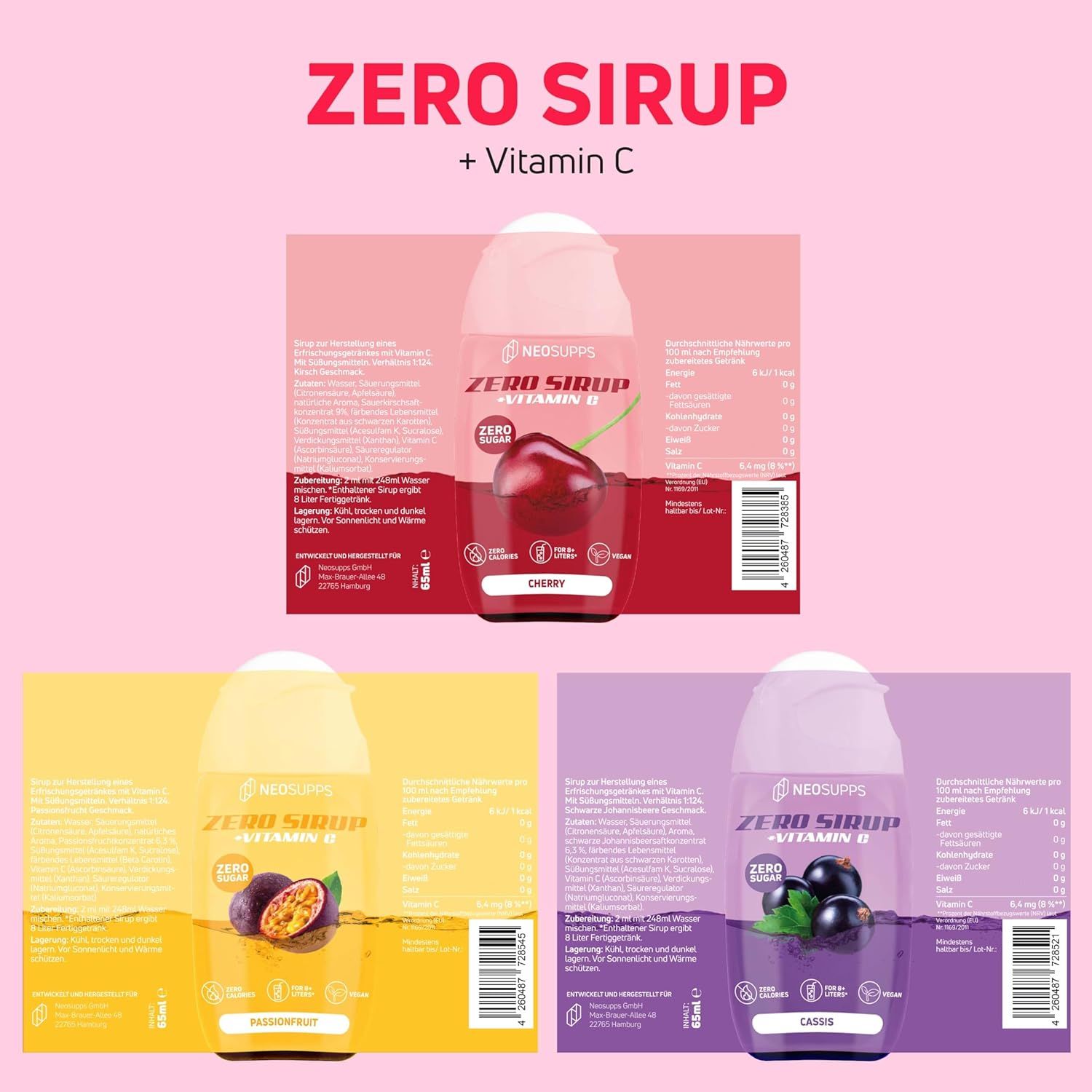 Drei Sirupflaschen mit Etiketten: Cherry, Passionfruit, Cassis. Aufschrift: Zero Sirup + Vitamin C. Produktnamen und Nährwertangaben.