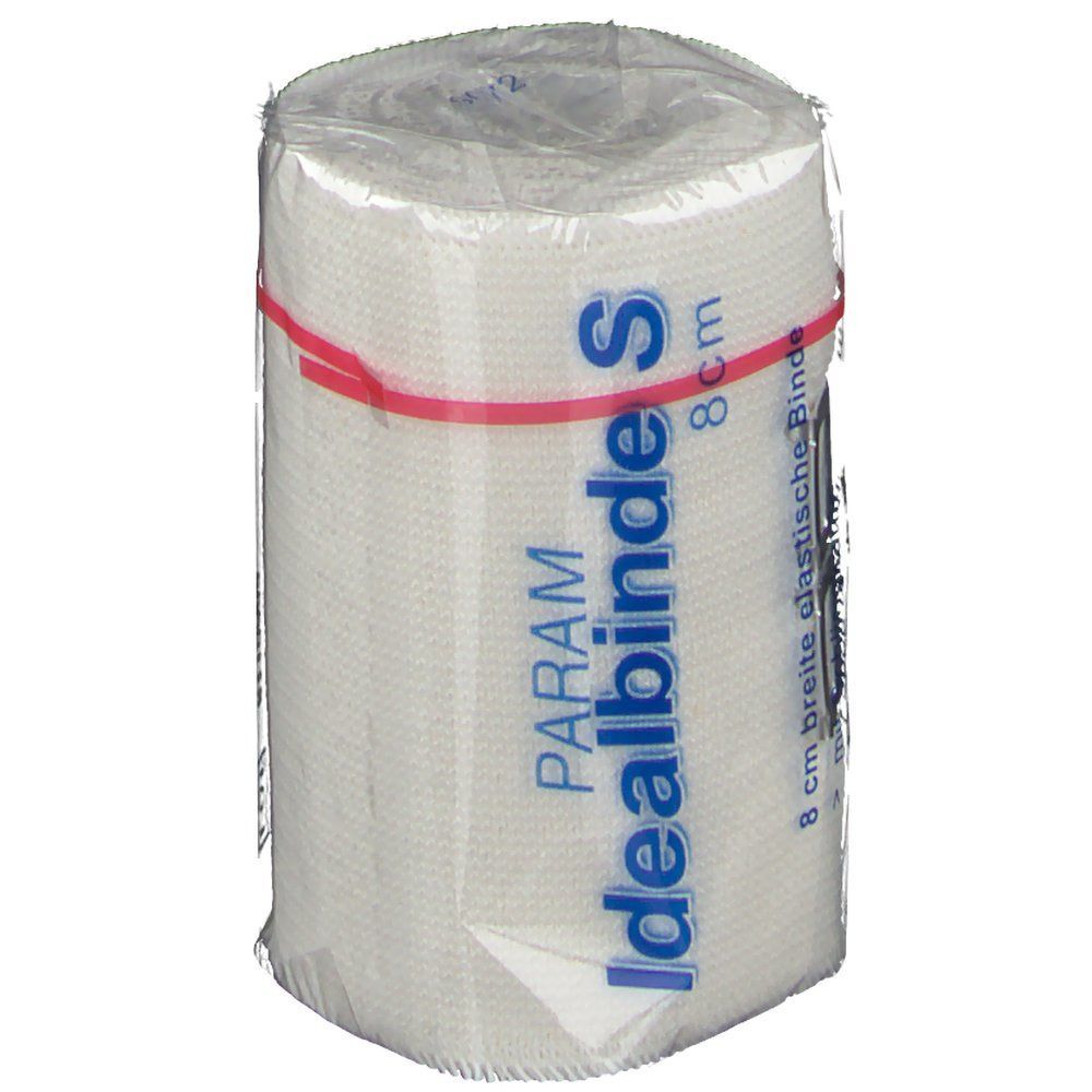 Elastische Binde PARAM Idealbinde S, 8 cm breit, in Zellglas verpackt. Rotes Gummiband. Aufschrift: 8 cm.