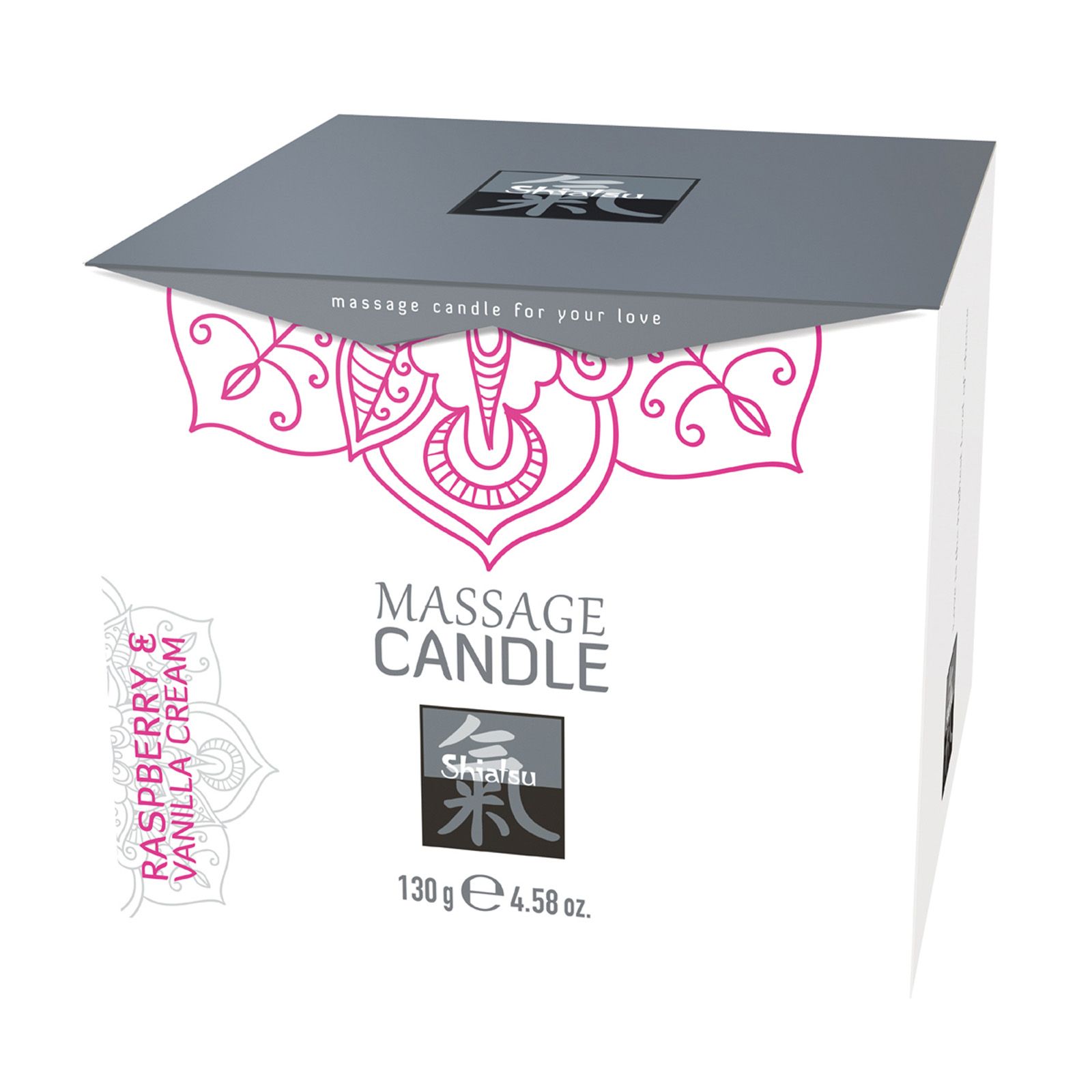Verpackung einer Massagekerze. Aufschrift: Massage Candle, Shiatsu, Himbeere & Vanille. Gewicht: 130g.