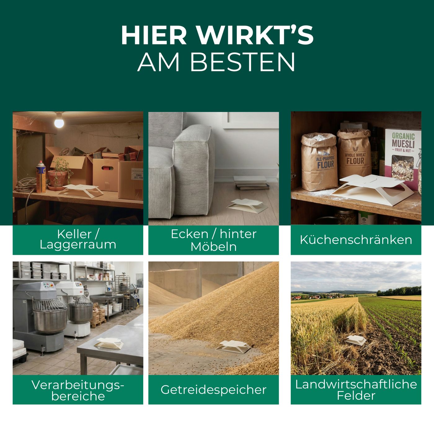 Anwendungsbereiche der Käferfalle. Keller, Ecken/hinter Möbeln, Küchenschränken, Verarbeitungsbereiche, Getreidespeicher, landwirtschaftliche Felder. Käferfallen.