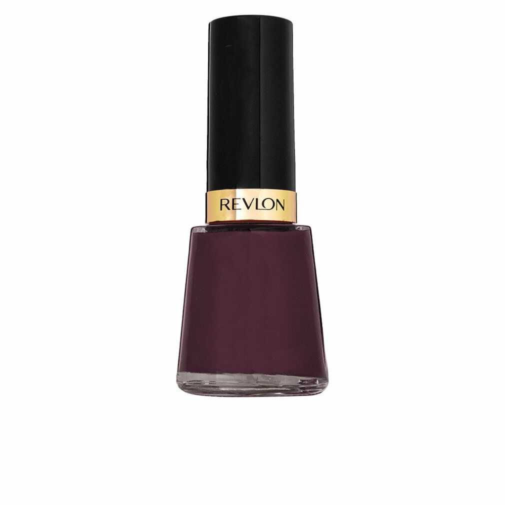 Nagellackflasche, dunkelviolett. Schwarzer Deckel mit goldener Manschette. REVON-Logo. Aufschrift: Nail Enamel/Vernis.