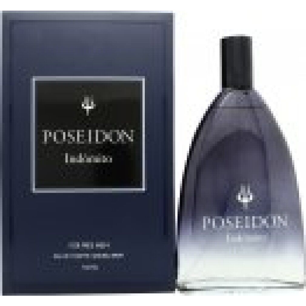 Dunkelblaue Schachtel und Flakon. Aufschrift: Poseidon Indómito. Flakon mit schwarzem Verschluss. Eau de Toilette.