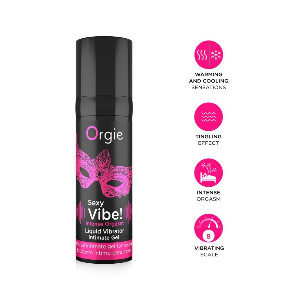 Orgies Sexy Vibe! Intense Orgasm. Schwarze Flasche mit pinkfarbenem Etikett. Symbole für Wärme, Kribbeln, intensiven Orgasmus und Vibration.