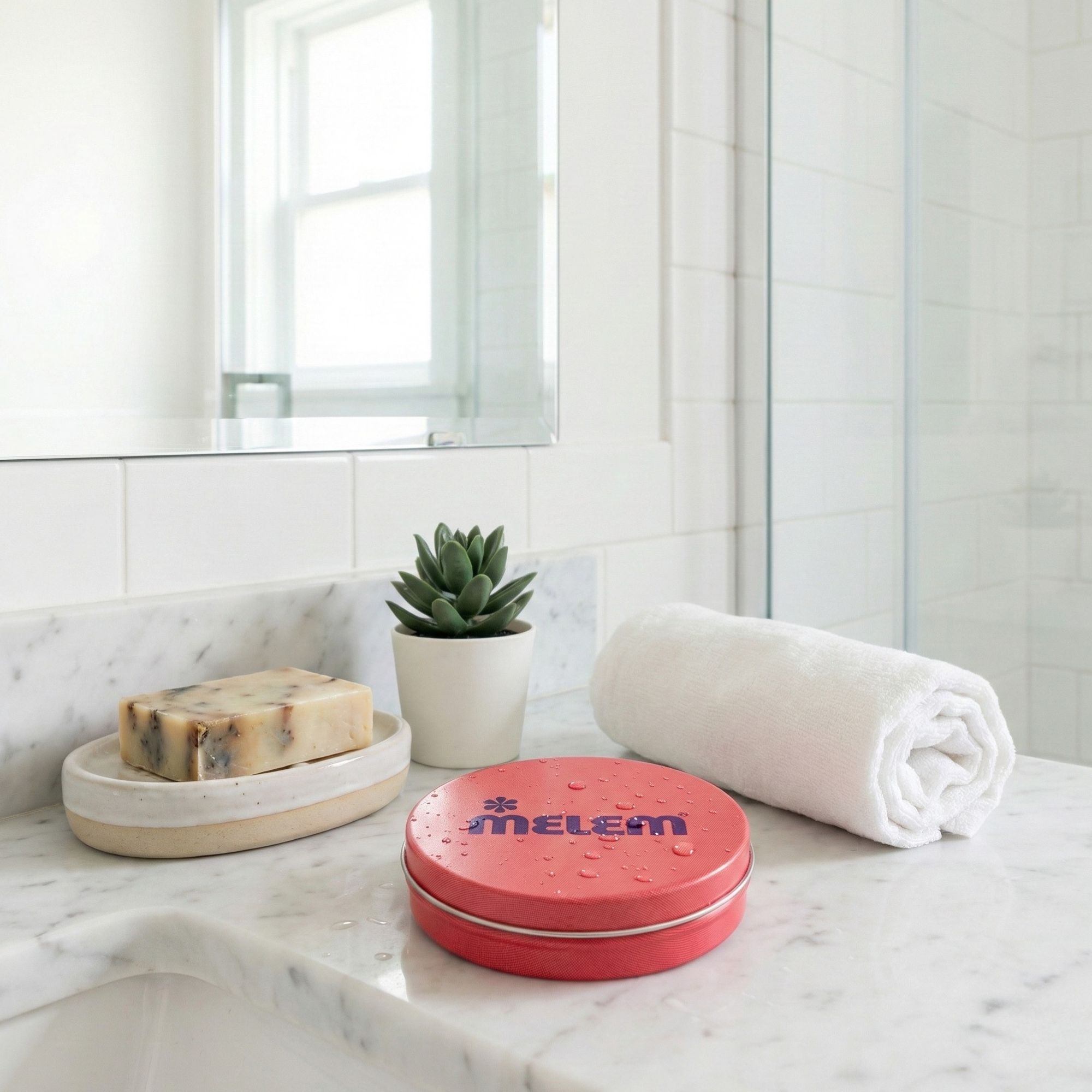 Roter Tiegel mit Produktlogo auf einer Marmoroberfläche, neben Seife, Pflanze und Handtuch.