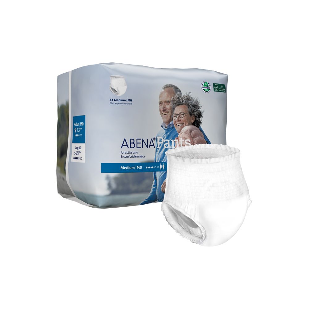Abena Pants M. Weiße Inkontinenzhose neben Verpackung. Verpackung mit Produktabbildung und Text. Medium Größe.