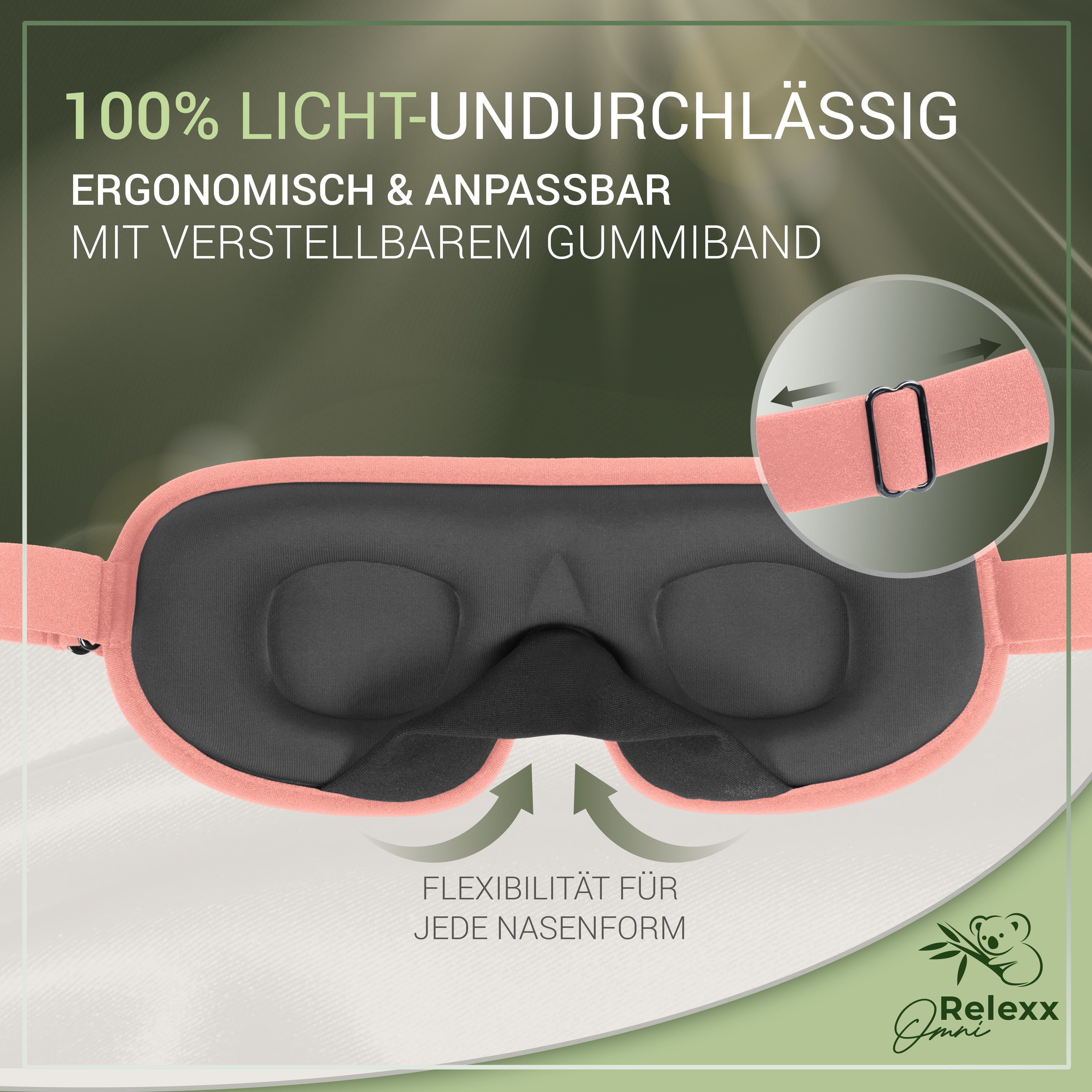 Schlafmaske, ergonomisch, anpassbar. Flexibilität für Nasenform. Marke Relexx Omni.