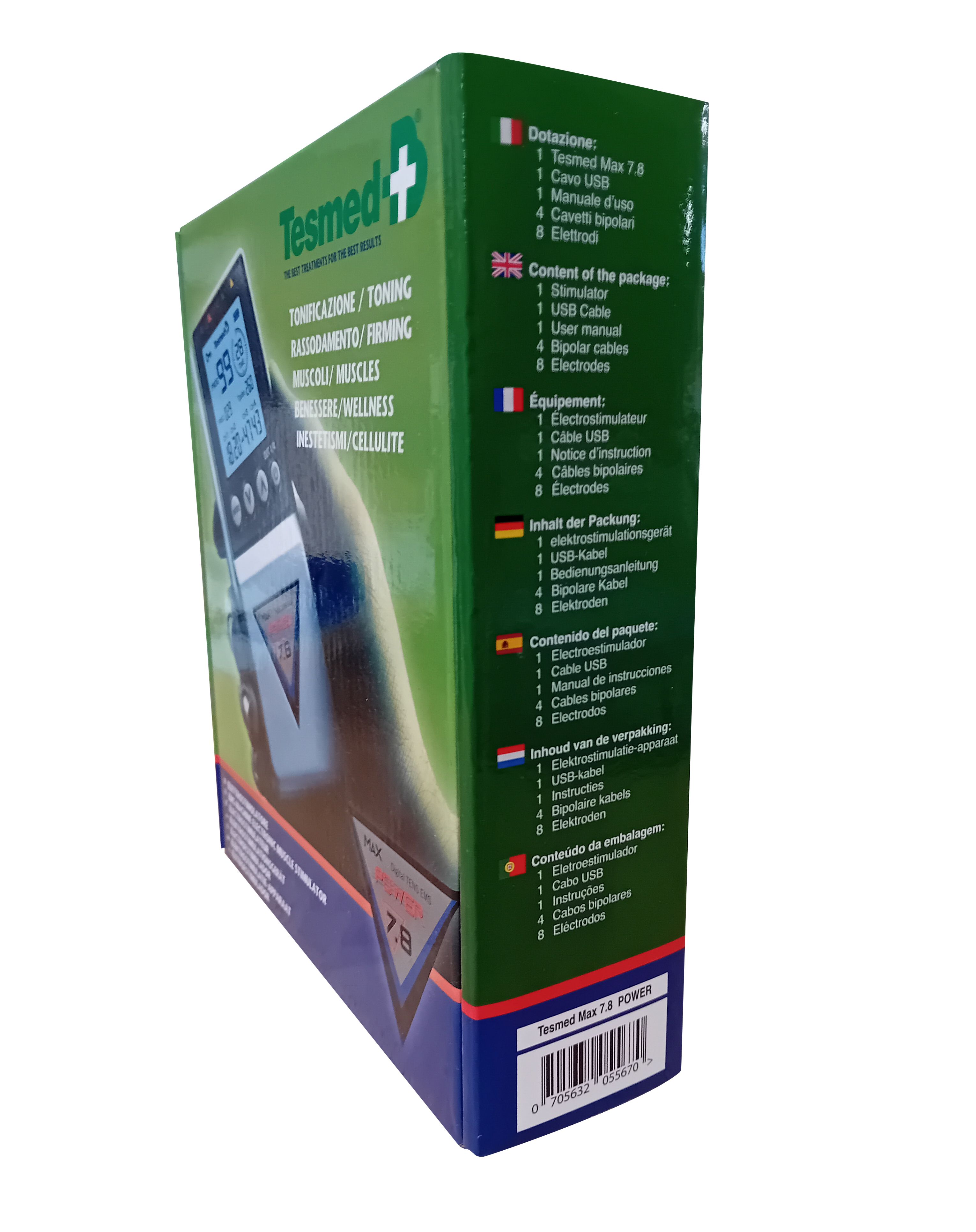 Grüne Verpackung, Seitenansicht. Text: "TESMED+ MAX 7.8 POWER". Enthält Informationen über Inhalt und Zubehör.