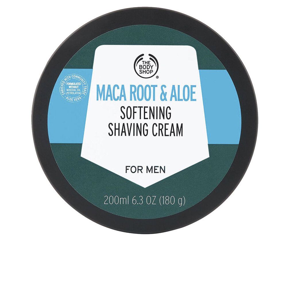 Dose von oben gesehen. Aufschrift: Maca Root & Aloe, Softening Shaving Cream, For Men. 200 ml, 6.3 OZ (180 g).