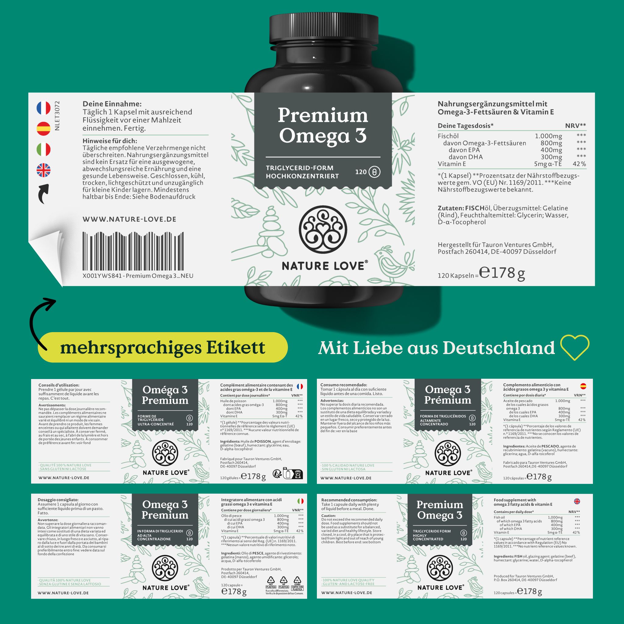 Produktverpackung mit abgelöstem Etikett. Mehrsprachige Etiketten-Beispiele. Aufschrift: Premium Omega 3. Logo: NATURE LOVE®.