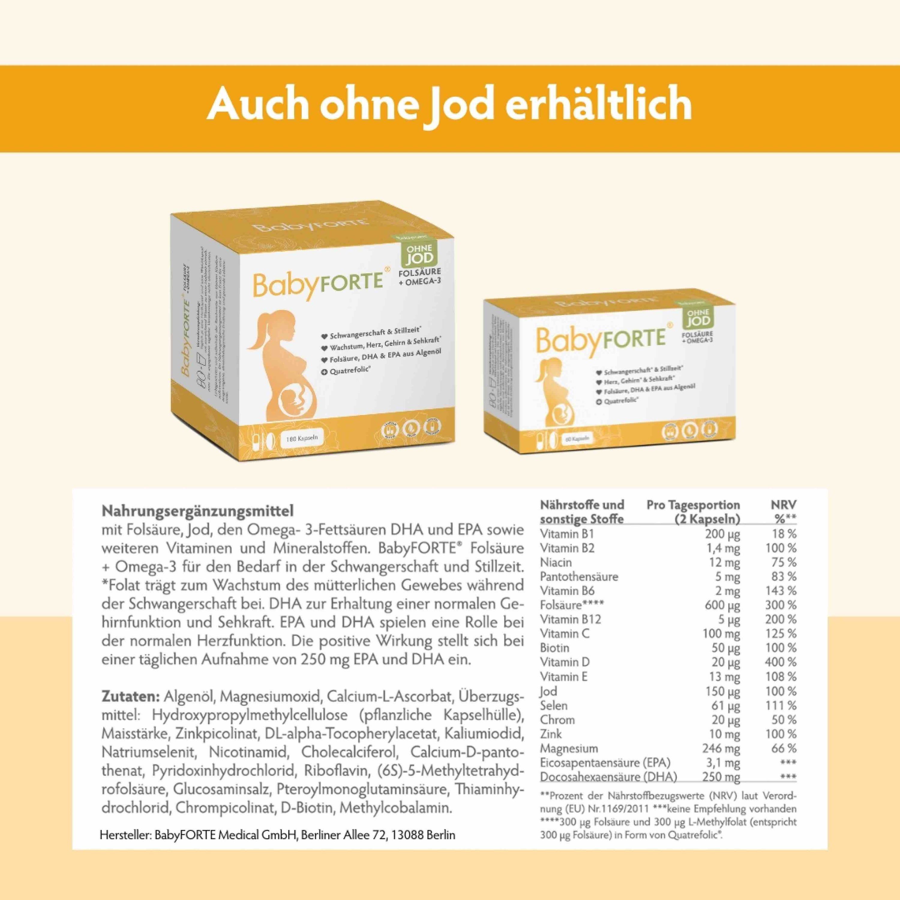 BabyFORTE Folsäure + Omega-3: Box mit 180 Kapseln, Hergestellt in Deutschland, 100% Vegan.