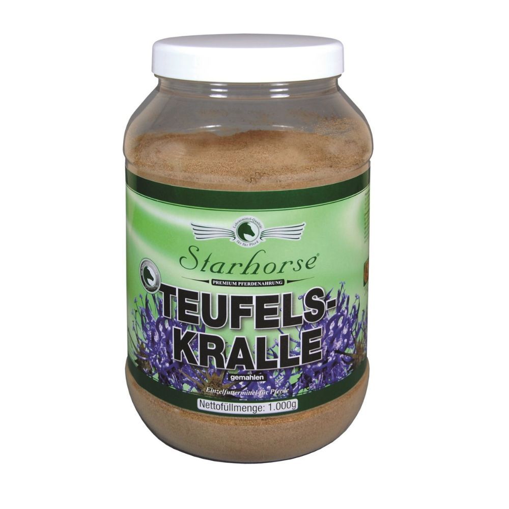 Transparente Dose mit braunem Pulver. Aufschrift: Starhorse Teufelskralle gemahlen. Grüner Aufkleber mit Logo.