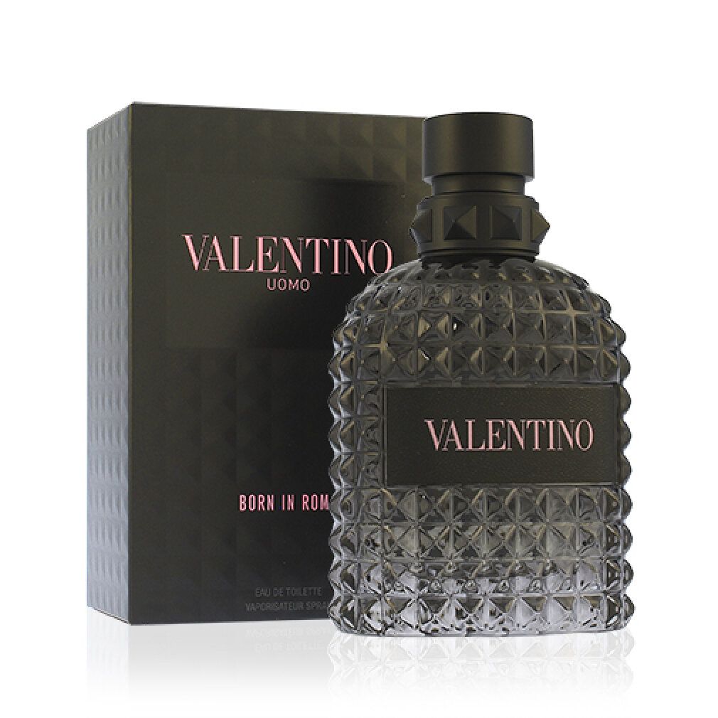 Schwarzer Flakon mit VALENTINO-Logo und schwarzer Kappe. Nebenan eine schwarze Schachtel mit Logo. Geometrisches Design.