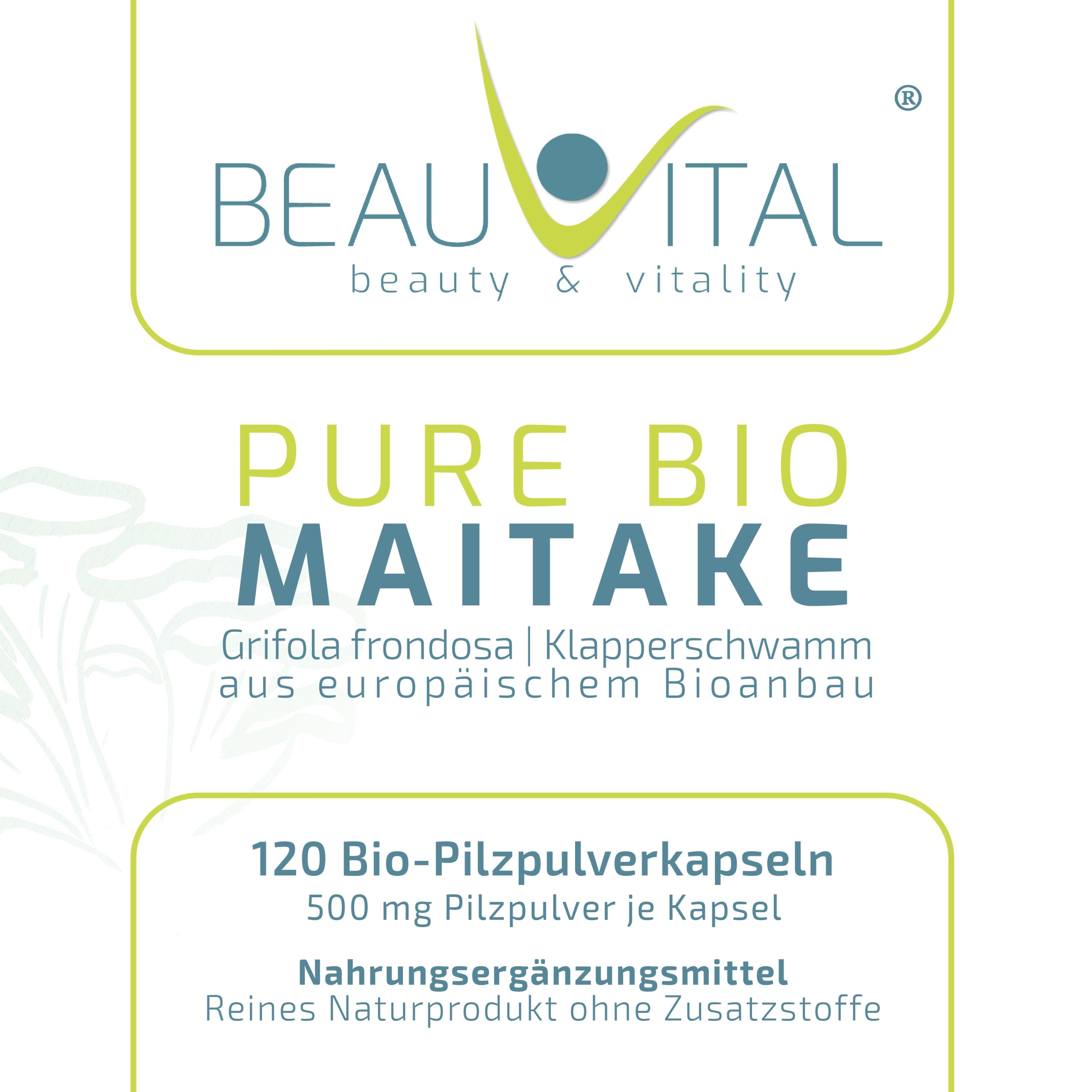 Etikett der BEAUVITAL® Pure Bio Maitake Kapseln: Marke, Produktname, Pilzart und Bio-Anbau.
