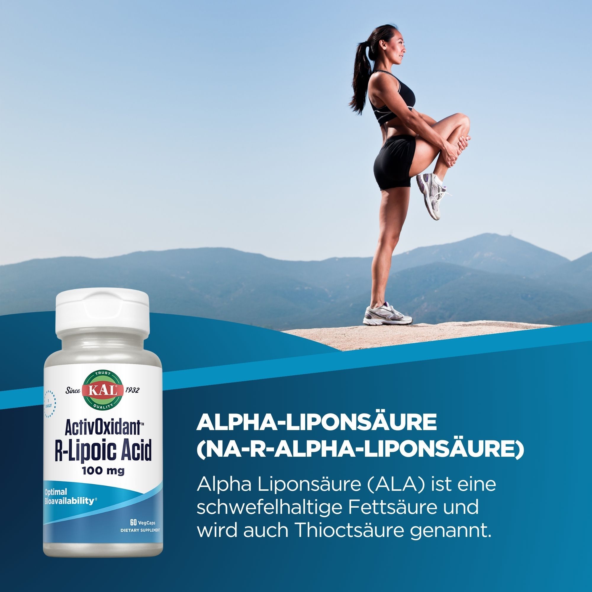 Weißes Fläschchen mit Kapseln. Aufschrift: ActivOxidant R-Lipoic Acid 100 mg. Frau beim Dehnen im Hintergrund. Berge und blauer Himmel.