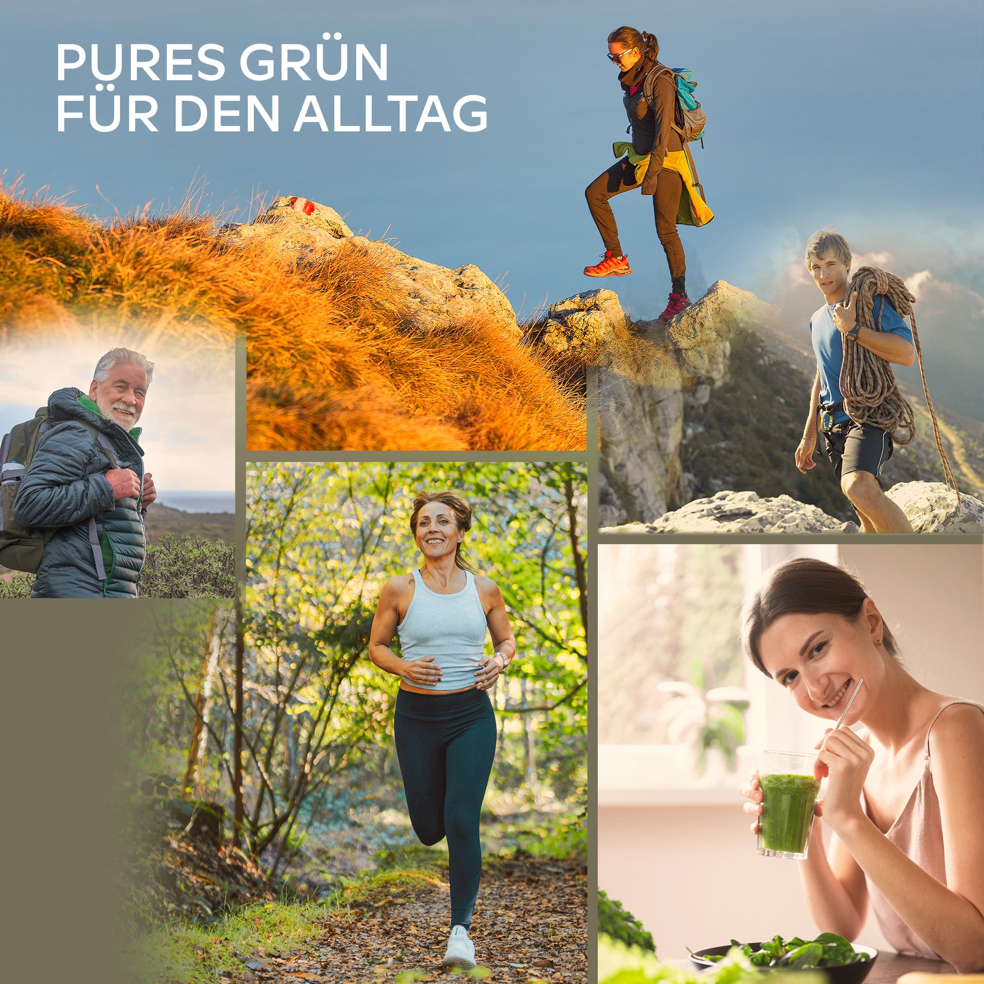 Collage von Menschen in der Natur. Aktivitäten: Wandern, Laufen, Trinken eines grünen Getränks.