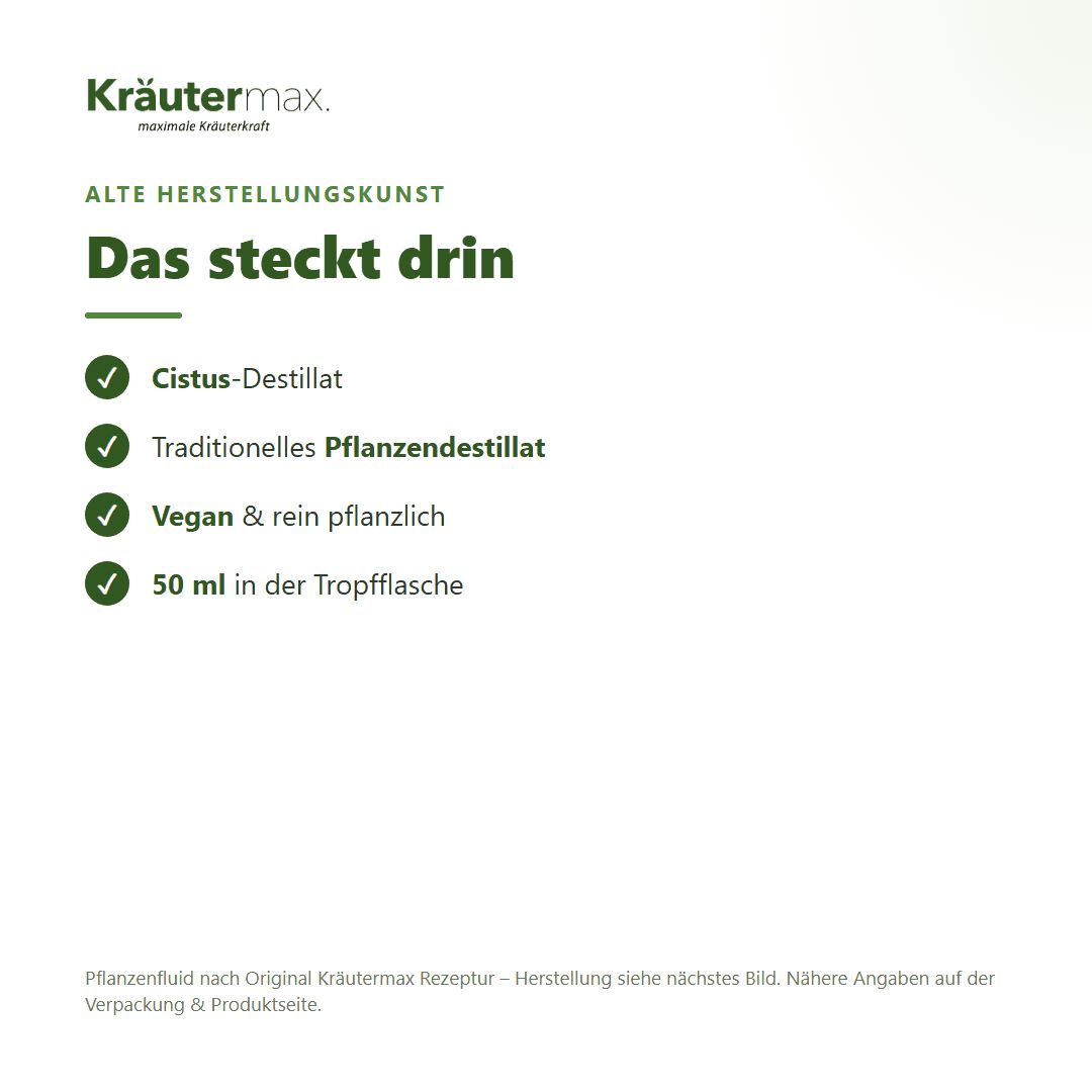 Liste mit Vorteilen: Cistus-Destillat, Traditionelles Pflanzen-Destillat, Vegan & rein pflanzlich, 50 ml in Tropfflasche.