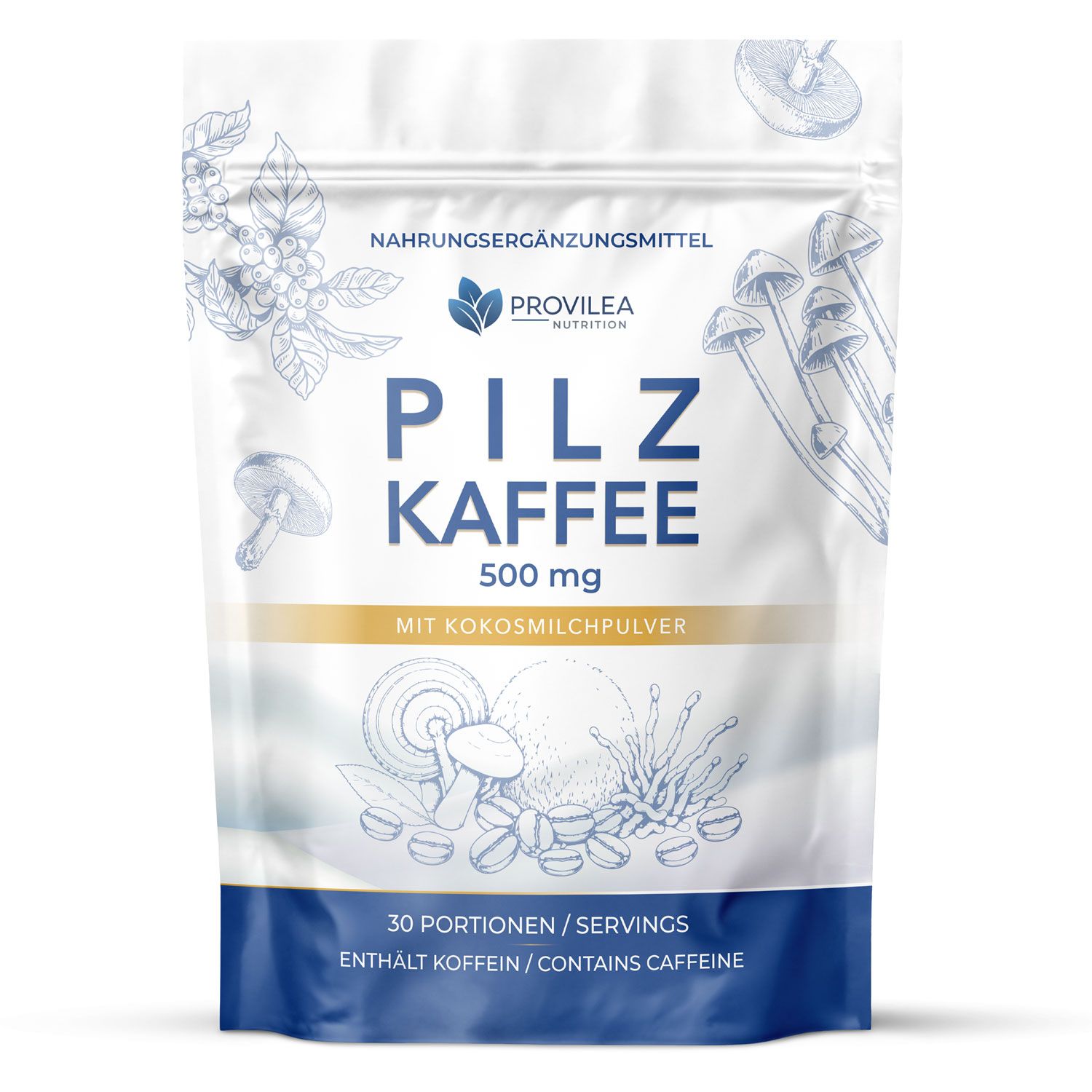 Standbodenbeutel mit Pilzkaffee, 500 mg, mit Kokosmilchpulver. Enthält 30 Portionen.