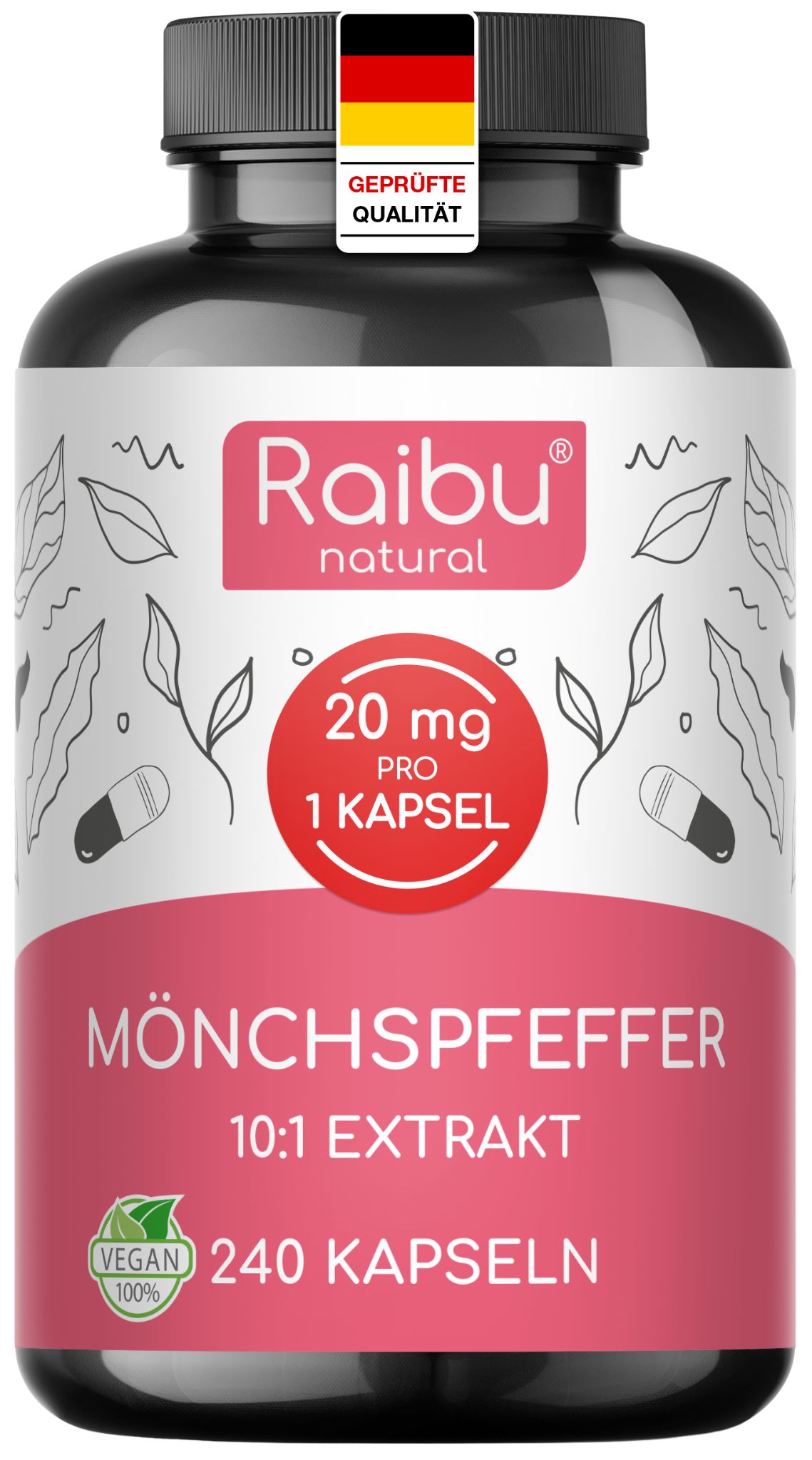 Schwarze Flasche mit Kapseln. Aufkleber mit Produktinformationen, Marke Raibu, 20 mg pro Kapsel, 240 Kapseln. Geprüfte Qualität.