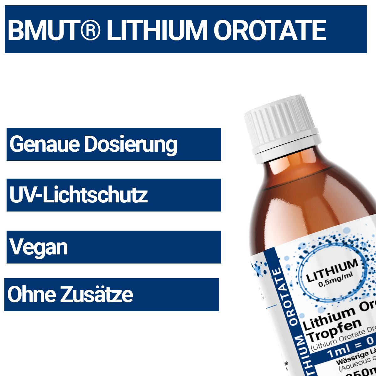 Braunglasflasche mit Etikett. Enthält Lithium Orotate Tropfen. Text: Genaue Dosierung, UV-Lichtschutz, Vegan, Ohne Zusätze.