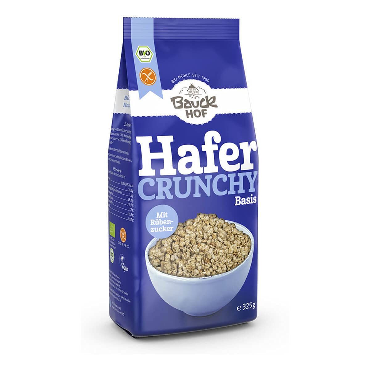 Bauckhof Hafer Crunchy Basis glutenfrei: Packung mit 325g, mit Bio- und Glutenfrei-Siegel.