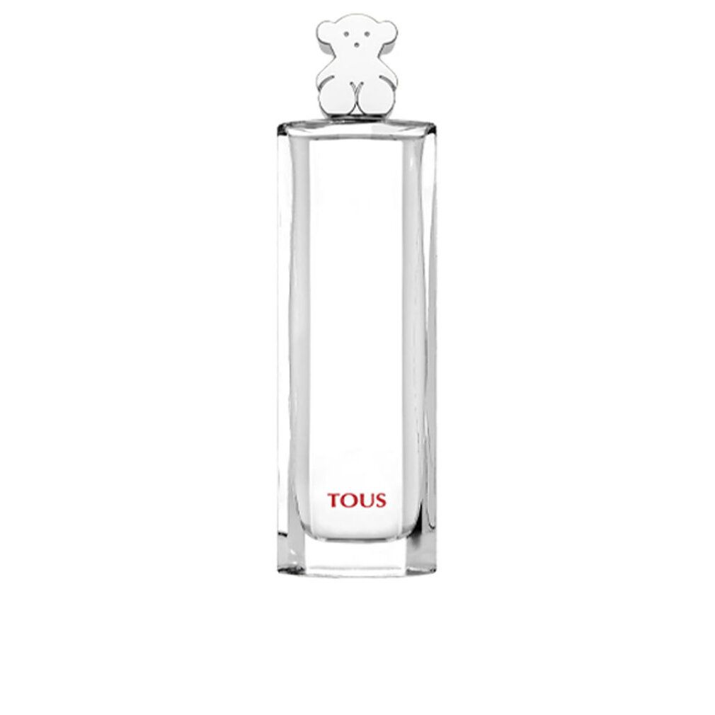 Eine rechteckige Flasche Tous Eau de Toilette Spray mit einem Bären-Deckel. Der Name Tous ist in roter Schrift auf der Flasche zu sehen.
