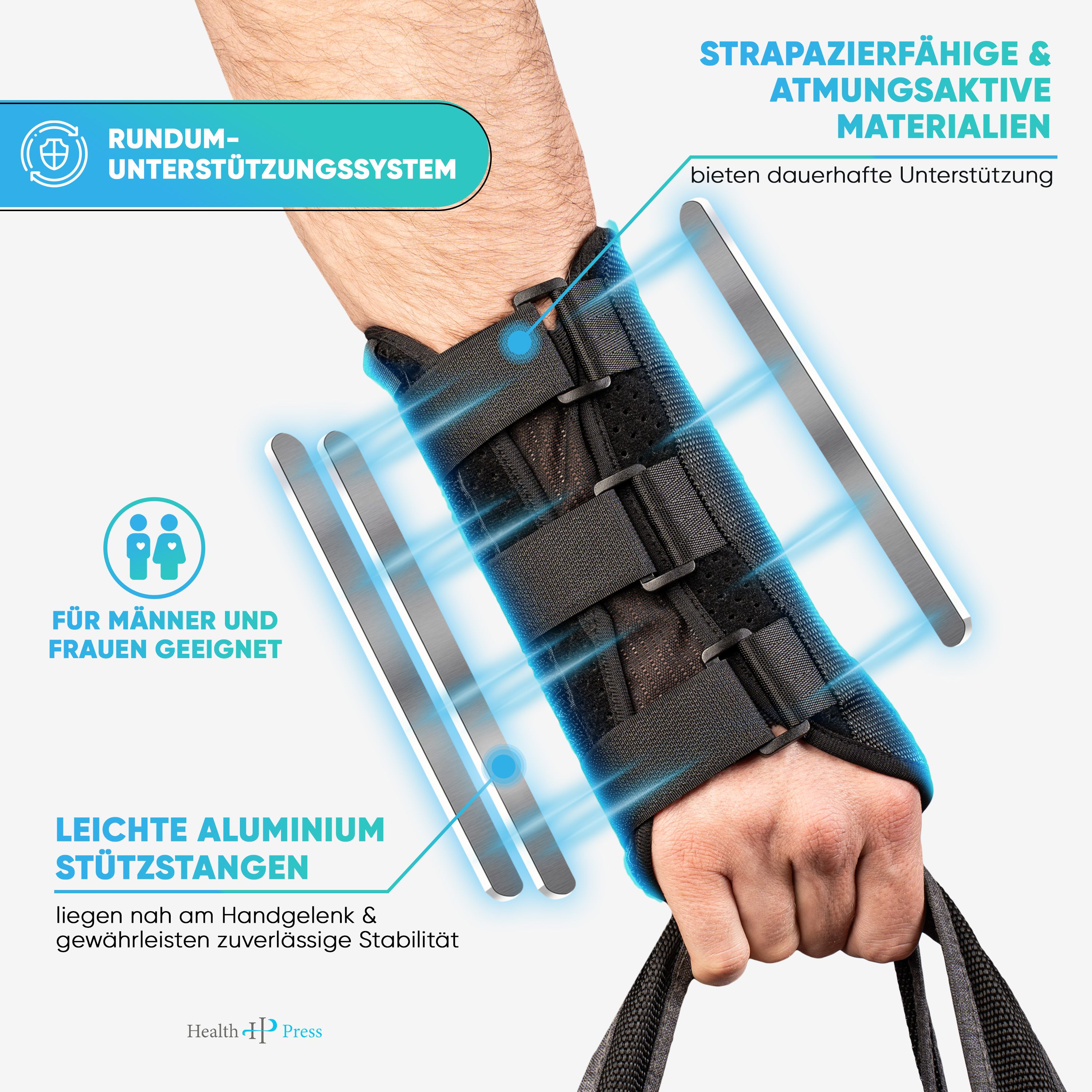 Handgelenkbandage mit Aluminiumstützstangen. Für Männer und Frauen geeignet. Logo Health Press.