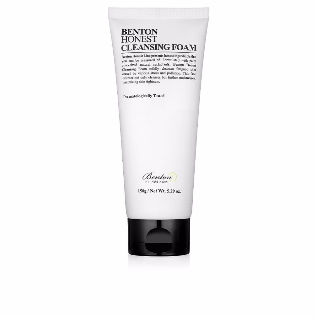 Weiße Tube mit schwarzem Deckel. Text: 'Benton Honest Cleansing Foam'. 'Dermatologisch getestet'.