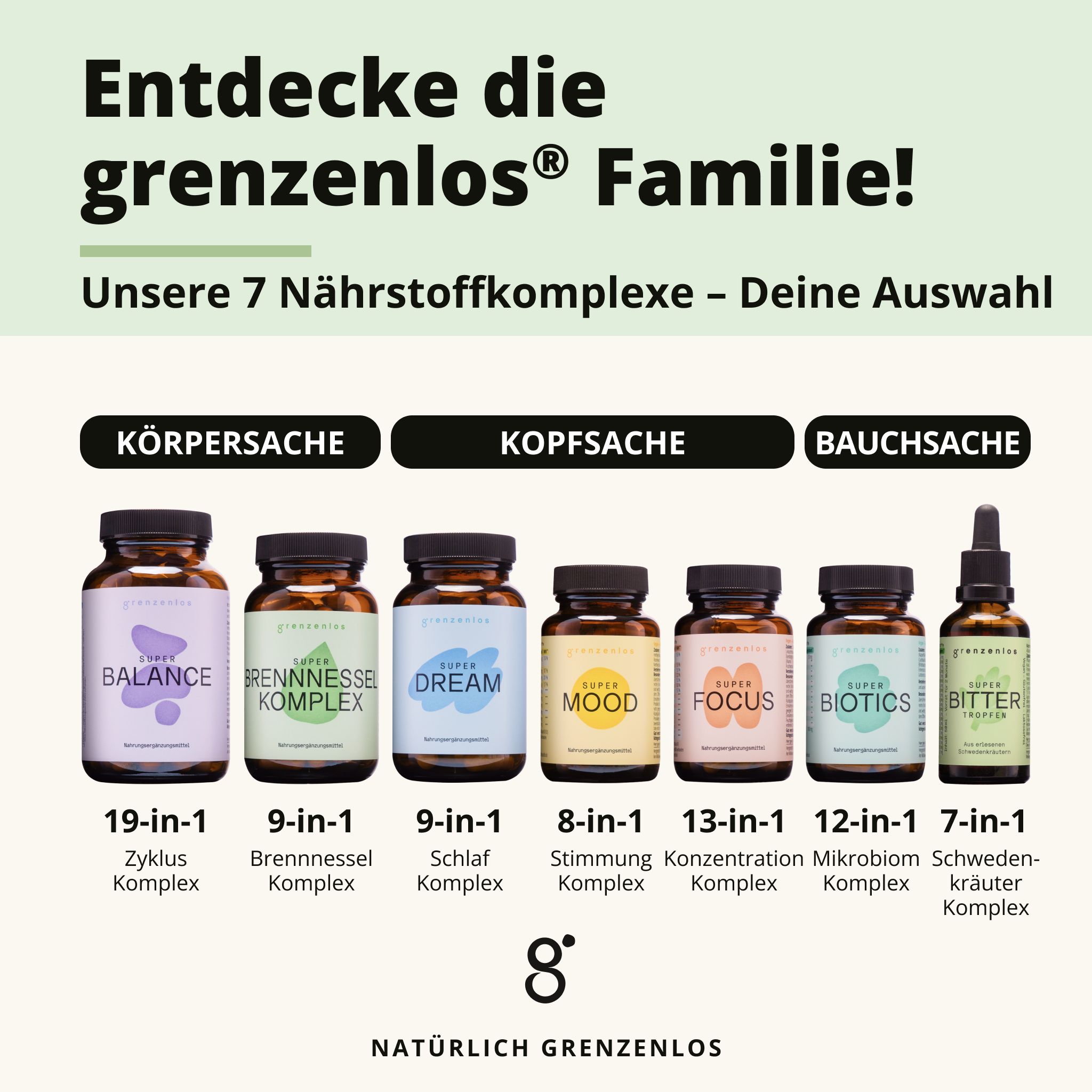 Sieben Flaschen Nahrungsergänzungsmittel der "grenzenlos" Familie, darunter "SUPER BRENNNESSEL KOMPLEX".