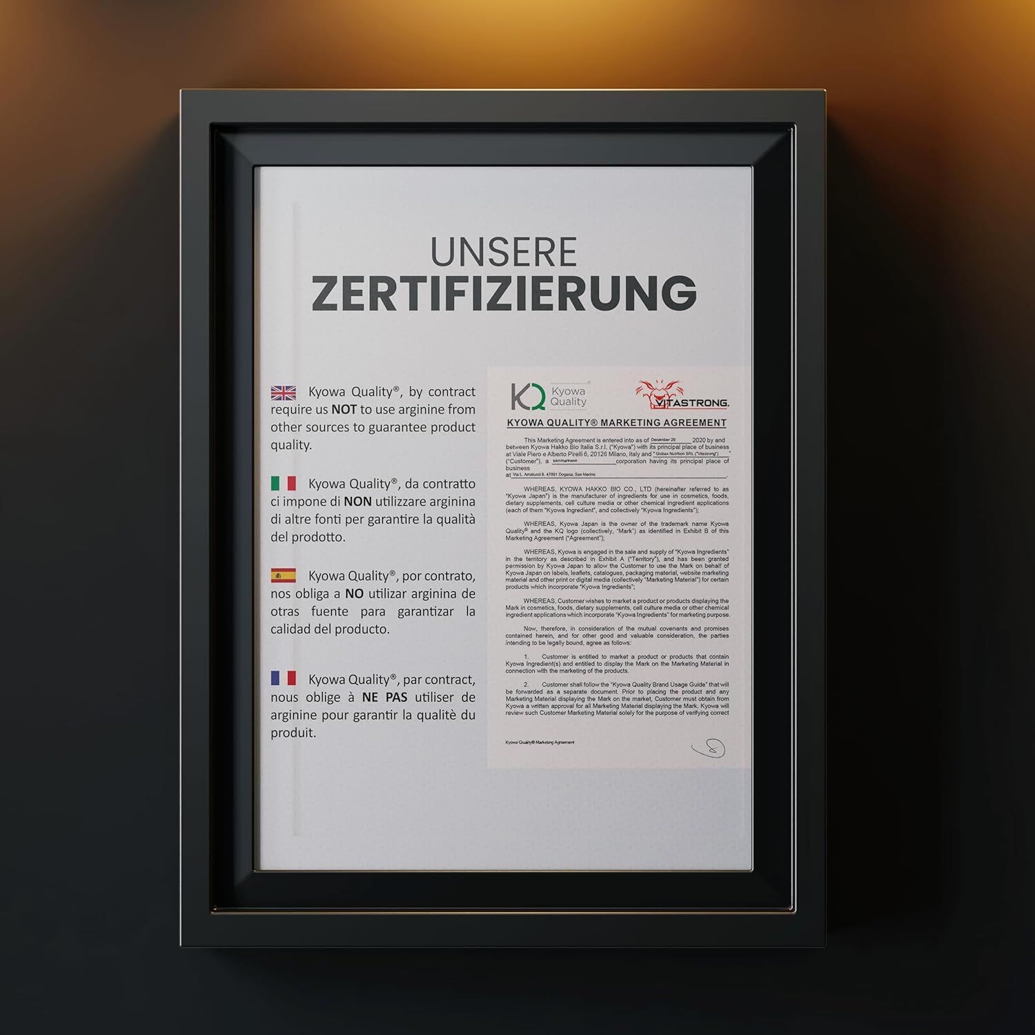 Gerahmtes Dokument mit Text. Überschrift: "UNSERE ZERTIFIZIERUNG". Mehrere Flaggen und Textabschnitte.