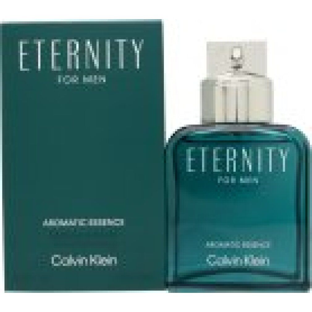 Türkisgrüner Flakon und Schachtel. Aufschrift: Eternity for Men, Aromatic Essence, Calvin Klein. Silberner Verschluss.