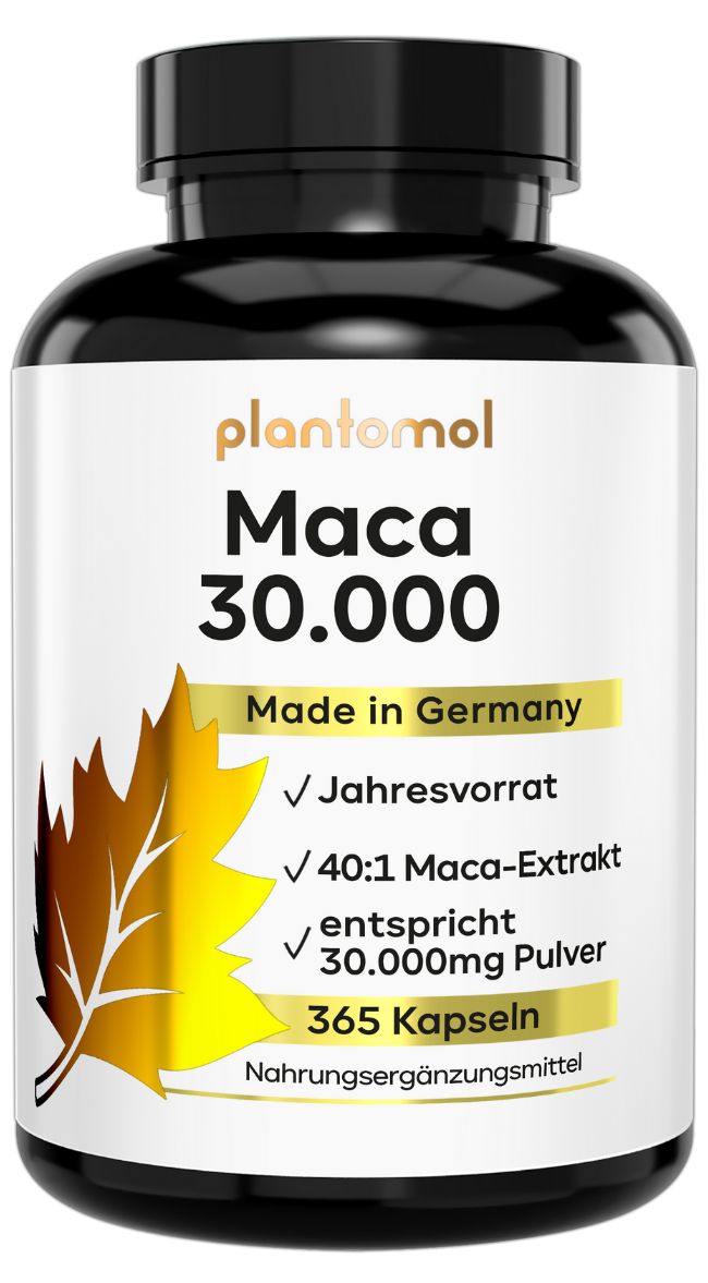 Braune Flasche mit schwarzen Deckel. Aufschrift: plantomol Maca 30.000. Enthält 365 Kapseln. Hergestellt in Deutschland.