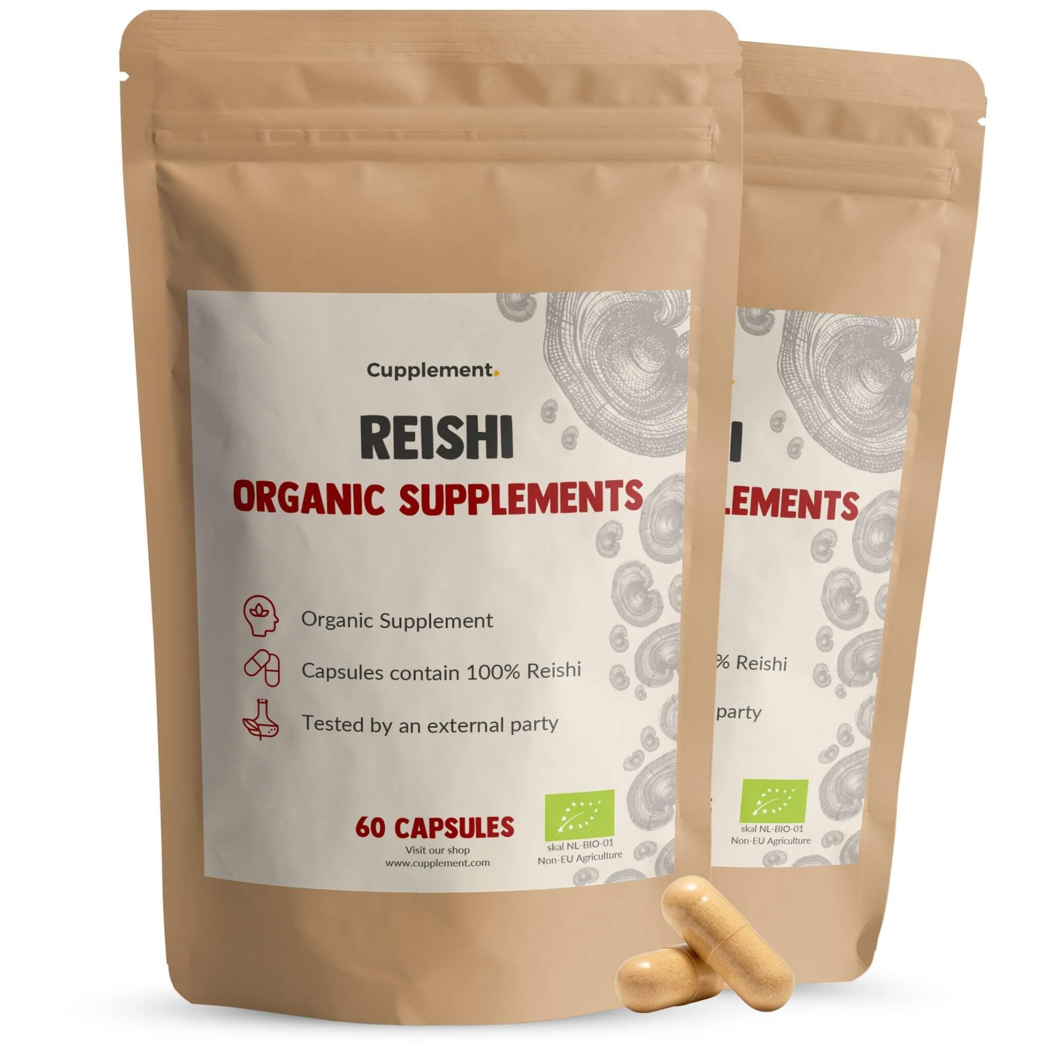 Zwei Beutel mit Cupplement Reishi 500 mg BIO. Aufschrift: Reishi Organic Supplements, 60 Kapseln. Zwei Kapseln liegen daneben.