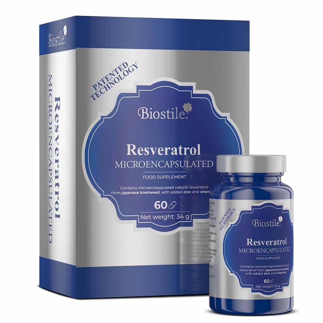 Blau-silberne Schachtel und Flasche mit Produktetikett. Aufschrift: Biostile Resveratrol Microencapsulated. 60 Kapseln.
