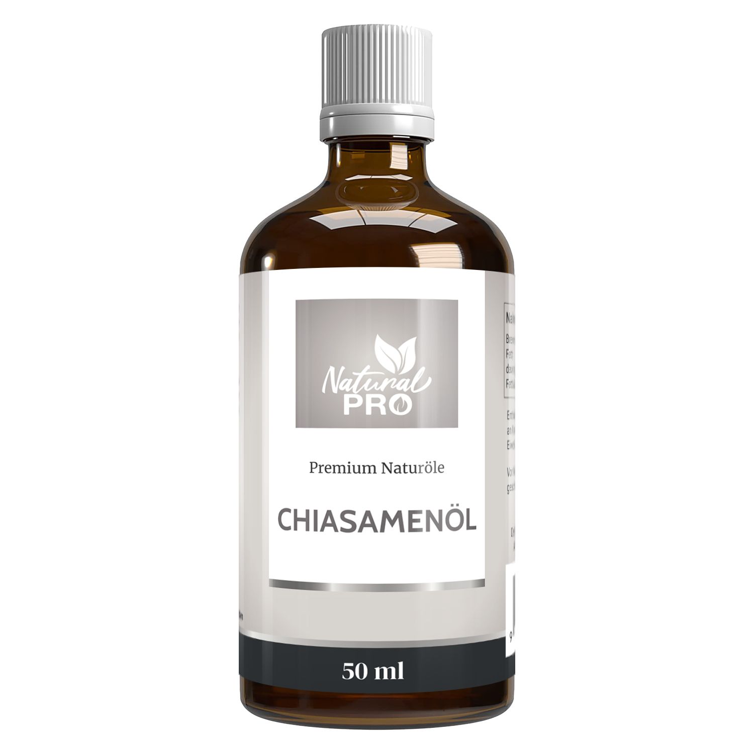Braune Glasflasche mit weißem Etikett. Aufschrift: Natural Pro, Chiasamenöl, 50 ml.